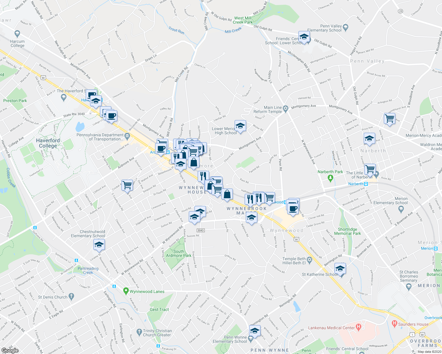 map of restaurants, bars, coffee shops, grocery stores, and more near 30 Llanfair Circle in Ardmore
