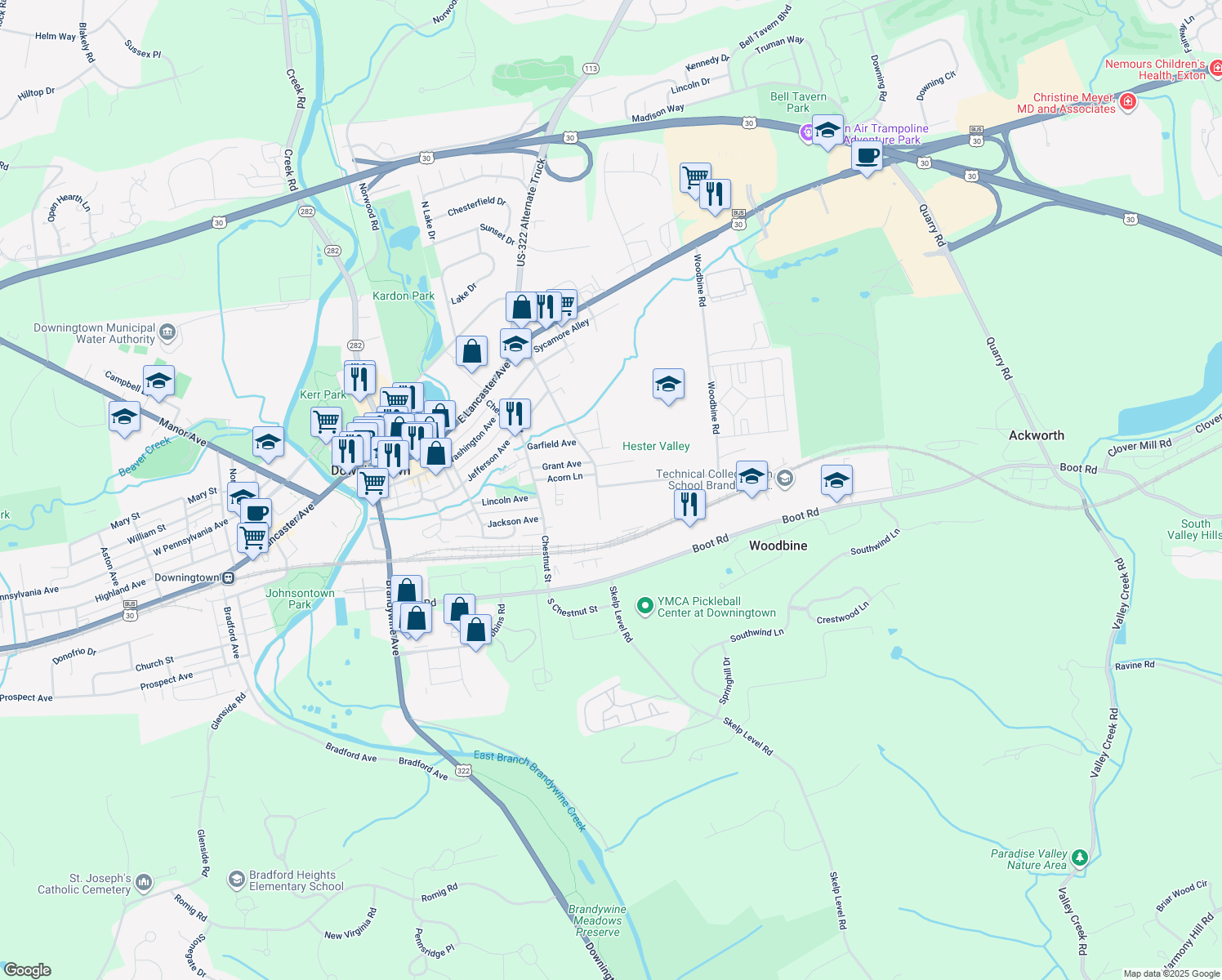 map of restaurants, bars, coffee shops, grocery stores, and more near 518 Lincoln Avenue in Downingtown