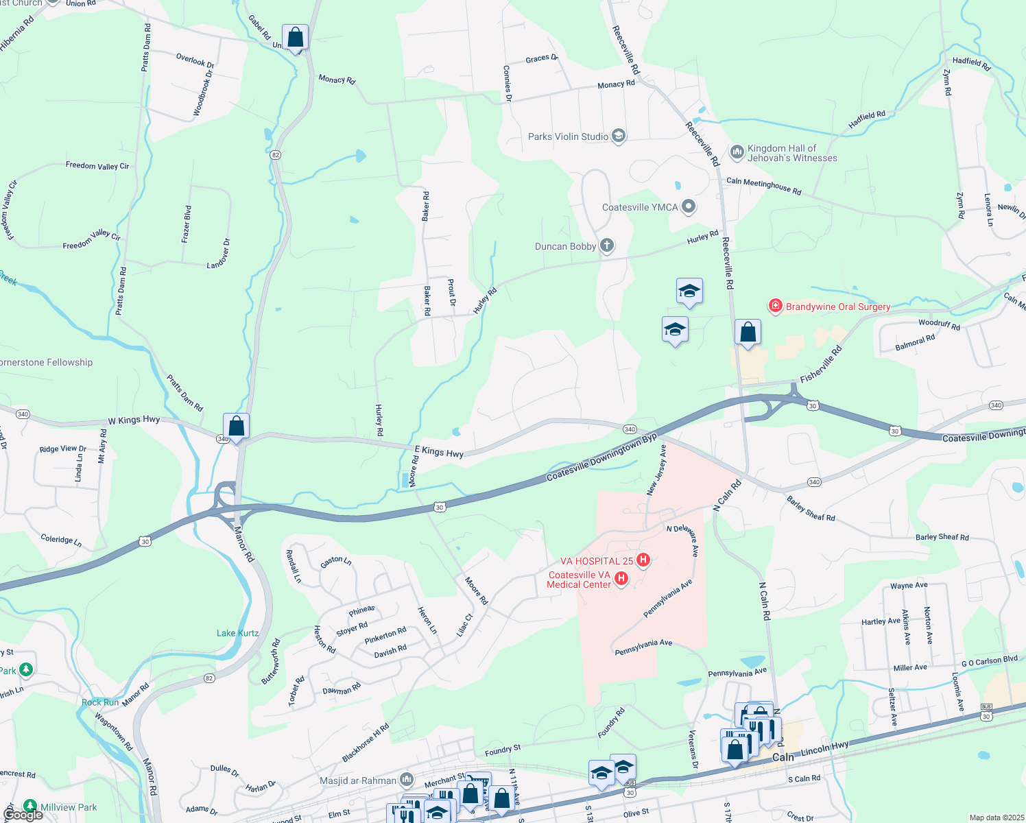 map of restaurants, bars, coffee shops, grocery stores, and more near 201 Elmwood Ln in Coatesville