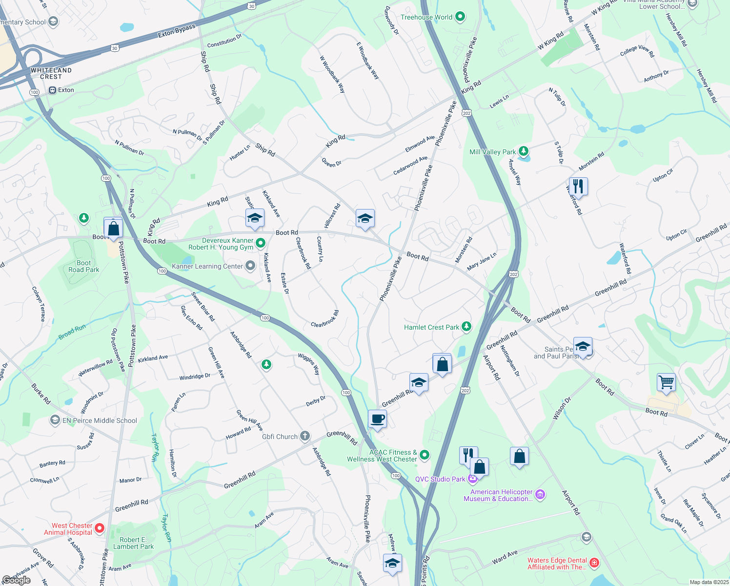 map of restaurants, bars, coffee shops, grocery stores, and more near 1209 Killington Circle in West Chester