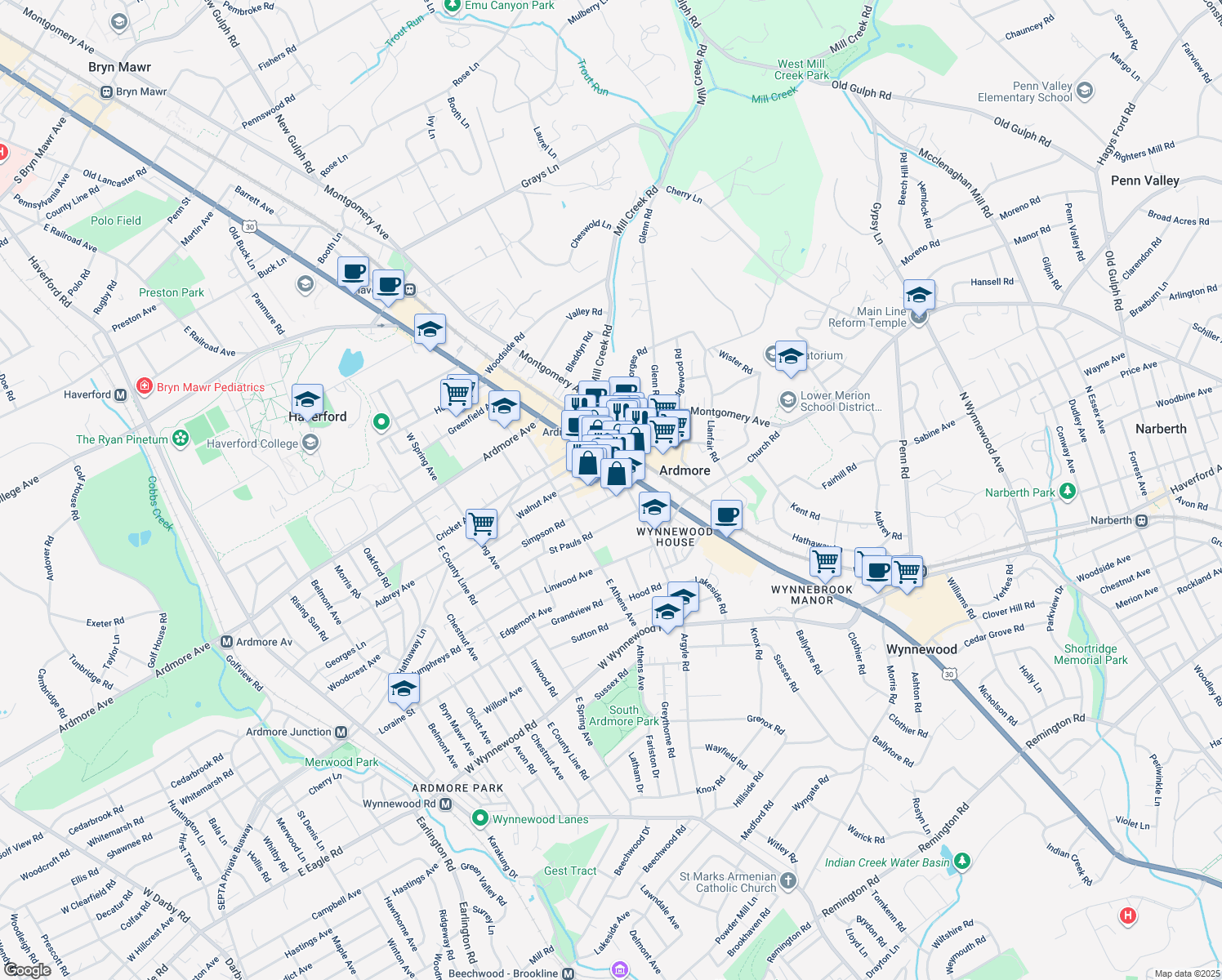 map of restaurants, bars, coffee shops, grocery stores, and more near 14 Simpson Road in Ardmore