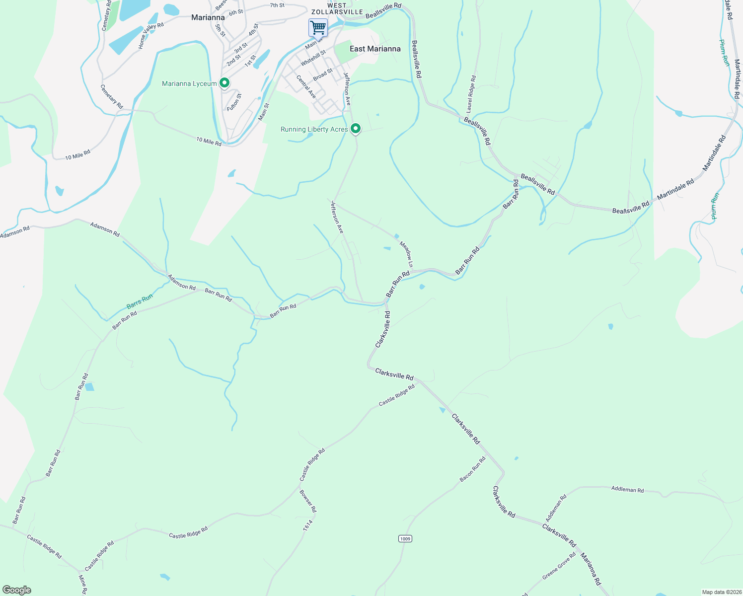 map of restaurants, bars, coffee shops, grocery stores, and more near 12 Jefferson Avenue in Marianna