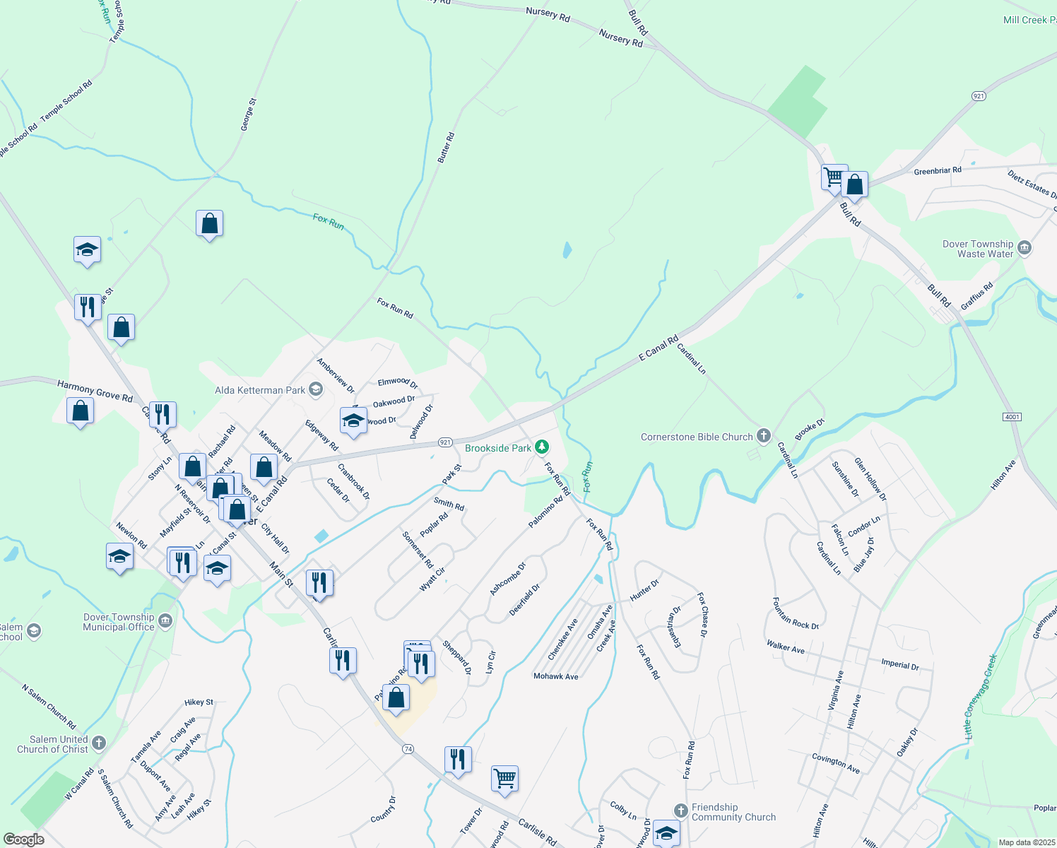 map of restaurants, bars, coffee shops, grocery stores, and more near 1590 East Canal Road in Dover