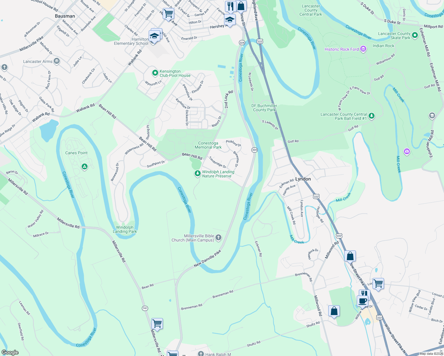 map of restaurants, bars, coffee shops, grocery stores, and more near 24 Hoover Rd in Lancaster