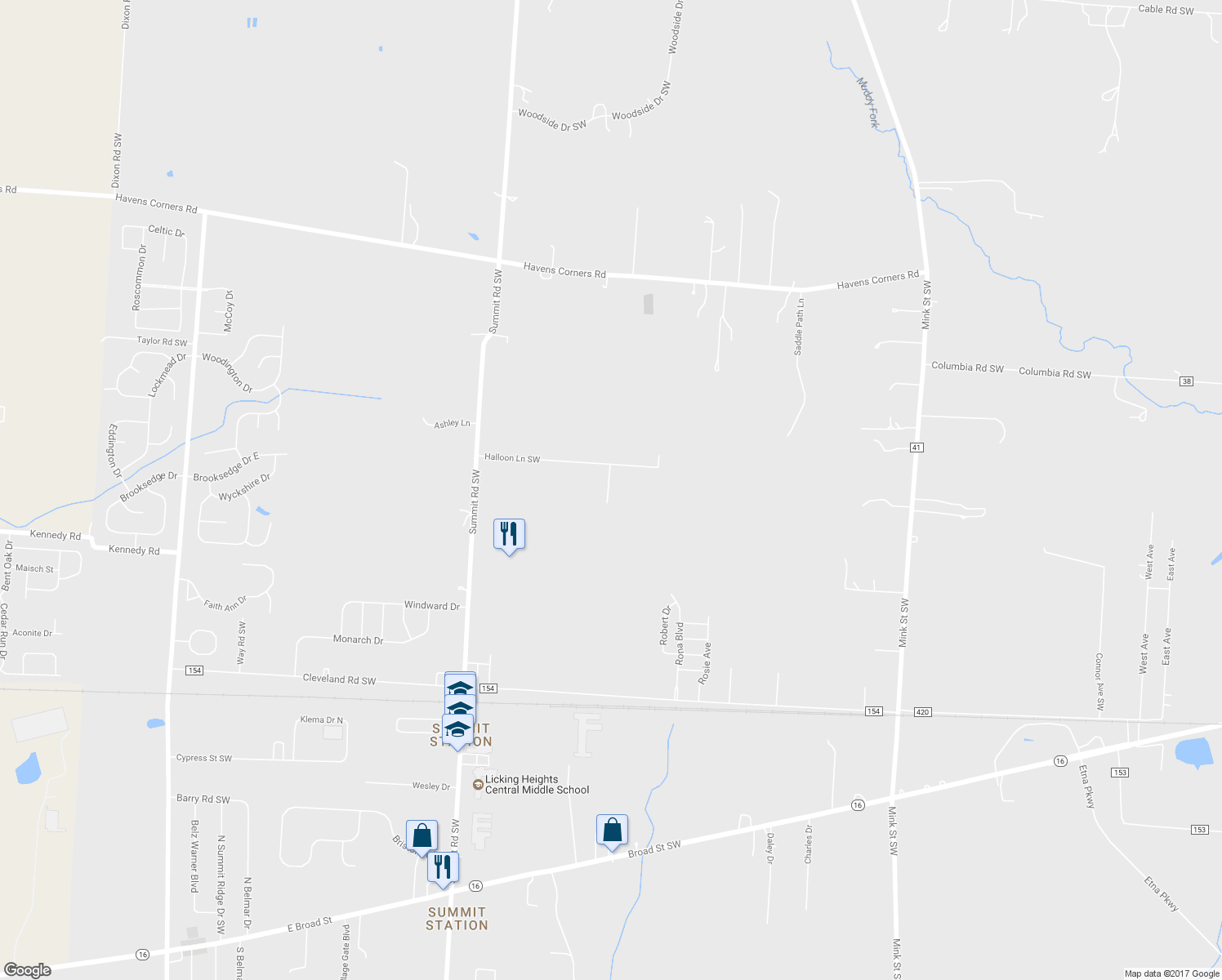 map of restaurants, bars, coffee shops, grocery stores, and more near 13683 Halloon Lane Southwest in Pataskala