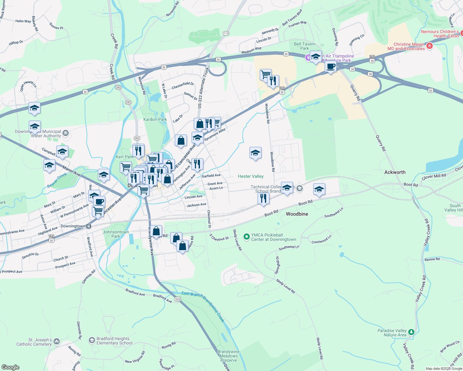map of restaurants, bars, coffee shops, grocery stores, and more near 504 Grant Avenue in Downingtown