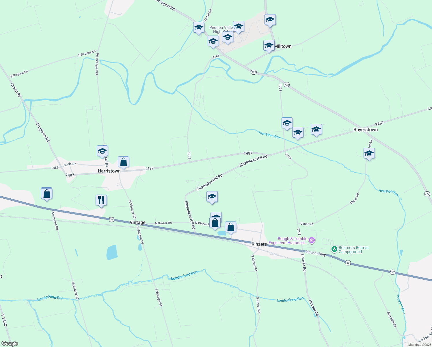 map of restaurants, bars, coffee shops, grocery stores, and more near 62 Slaymaker Hill Road in Kinzers