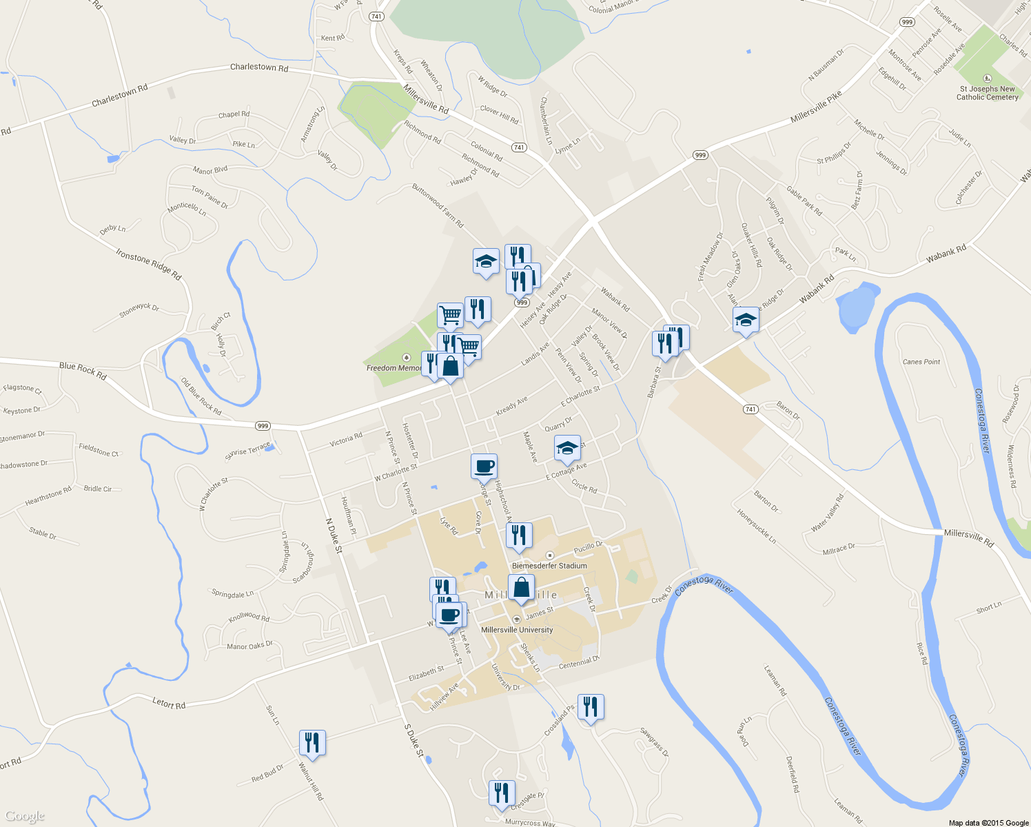 map of restaurants, bars, coffee shops, grocery stores, and more near 126 Kready Avenue in Millersville
