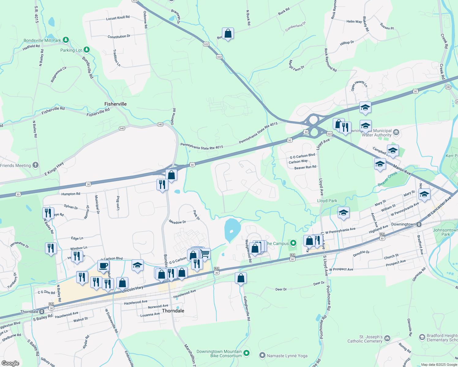 map of restaurants, bars, coffee shops, grocery stores, and more near 324 Hidden Creek Drive in Downingtown