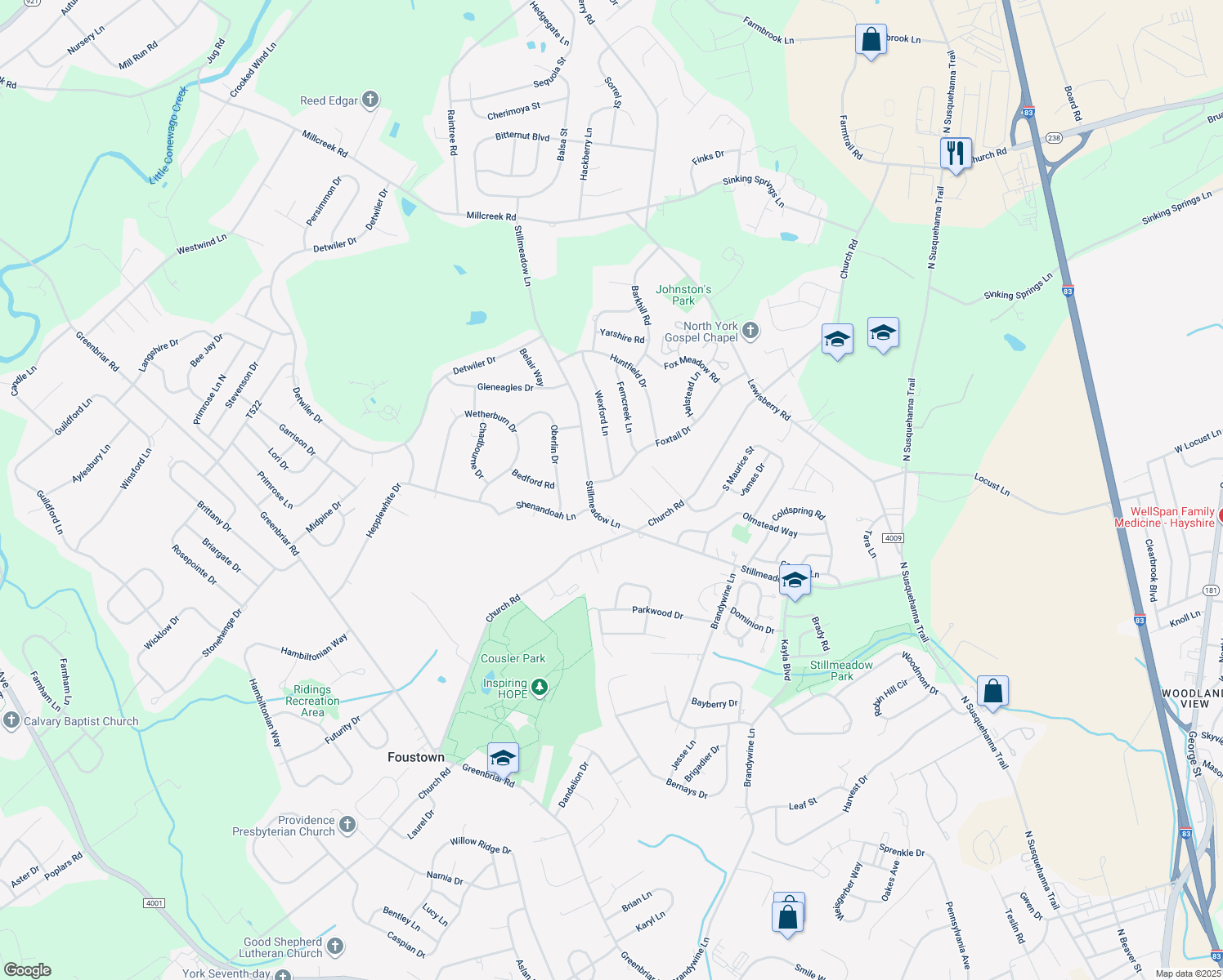 map of restaurants, bars, coffee shops, grocery stores, and more near 786 Foxtail Drive in York