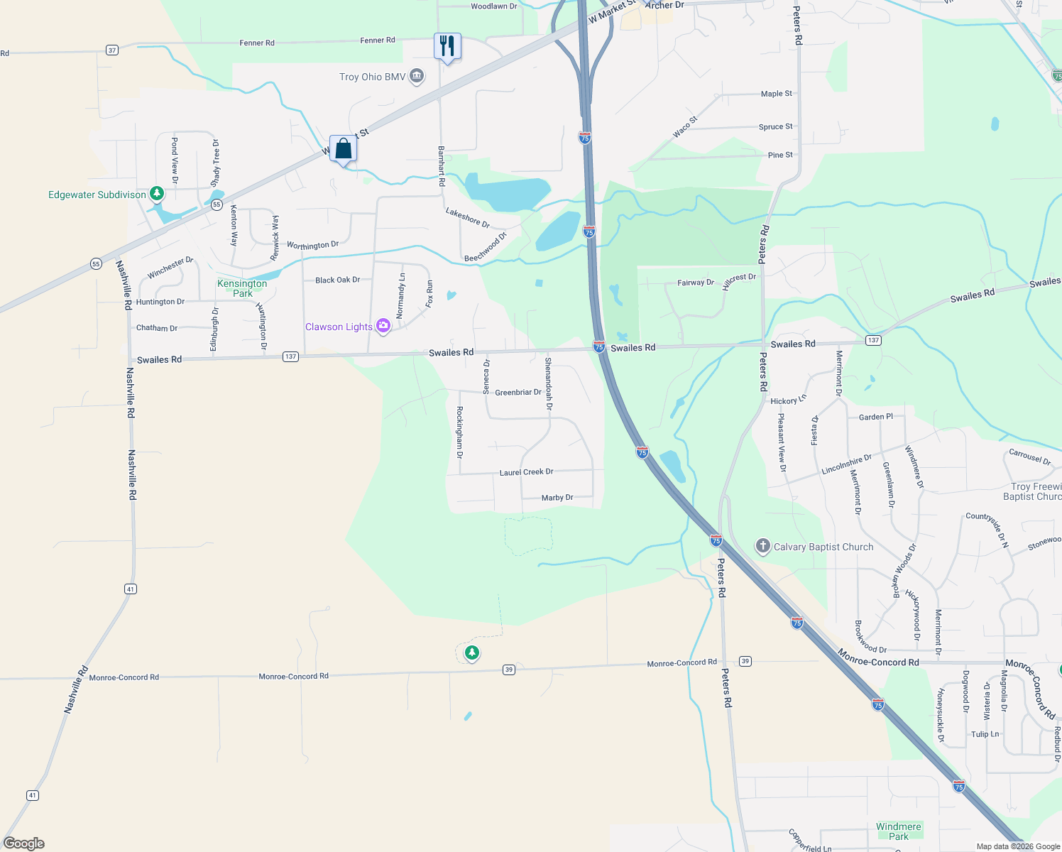 map of restaurants, bars, coffee shops, grocery stores, and more near 2360 Seneca Dr in Troy