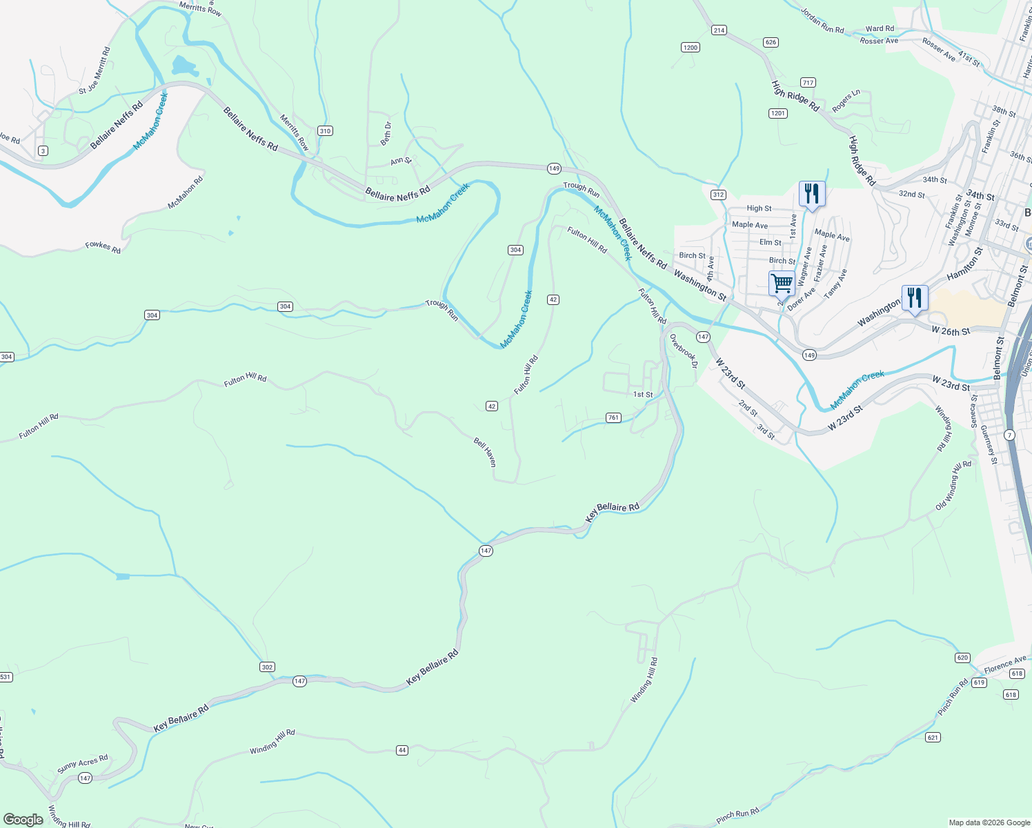 map of restaurants, bars, coffee shops, grocery stores, and more near 55868 Bell Haven in Bellaire
