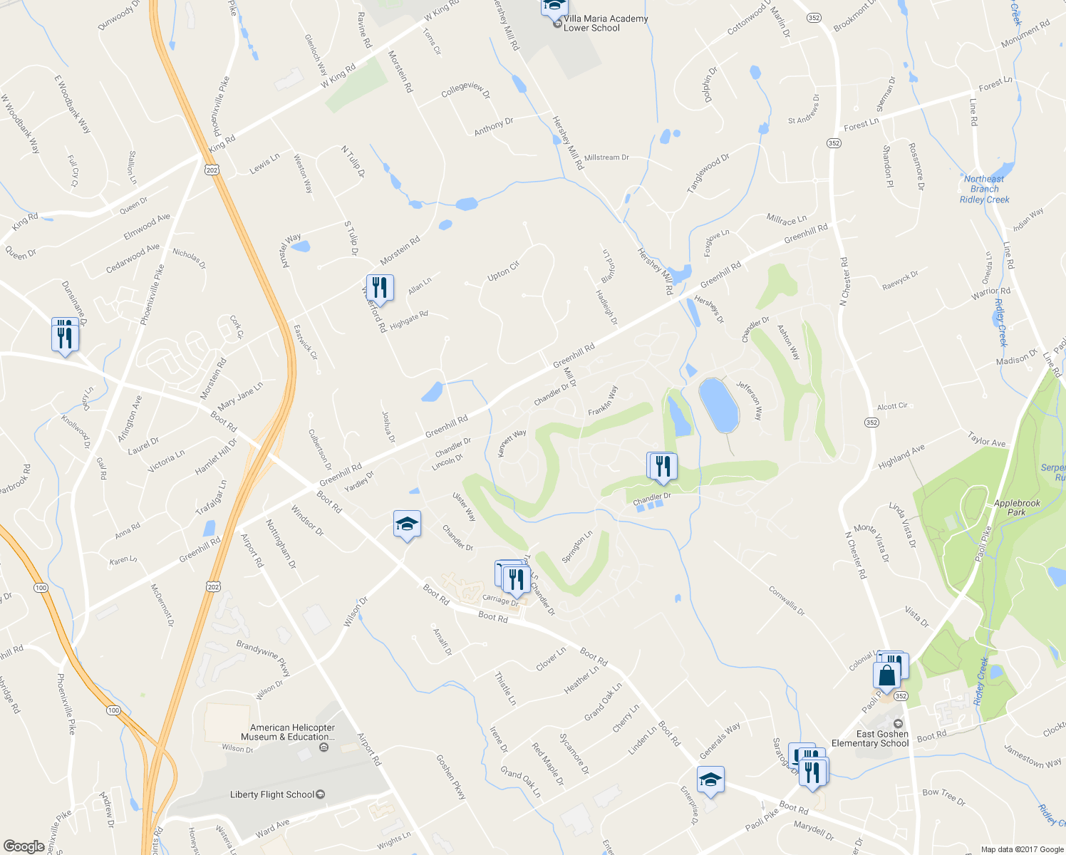 map of restaurants, bars, coffee shops, grocery stores, and more near 1041 Kennett Way in West Chester