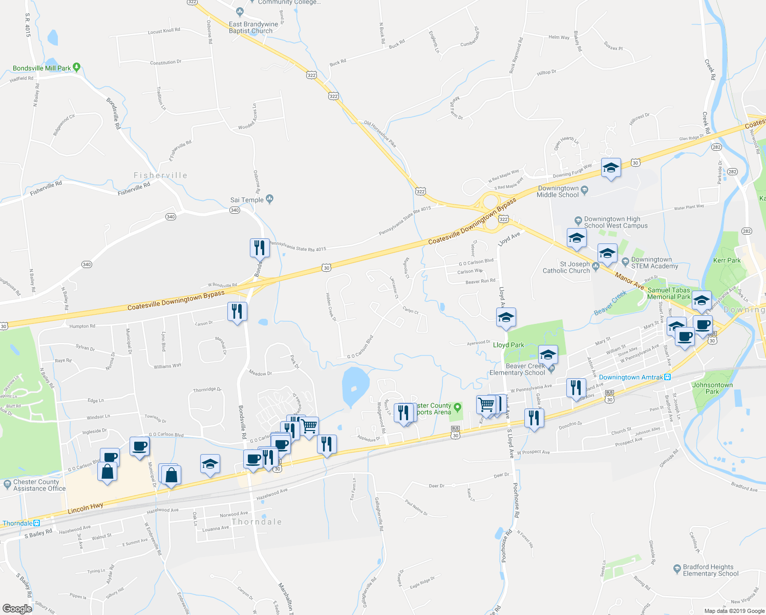 map of restaurants, bars, coffee shops, grocery stores, and more near 414 Devon Court in Downingtown