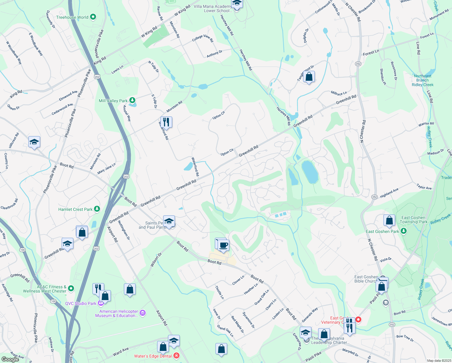 map of restaurants, bars, coffee shops, grocery stores, and more near 948 Kennett Way in West Chester