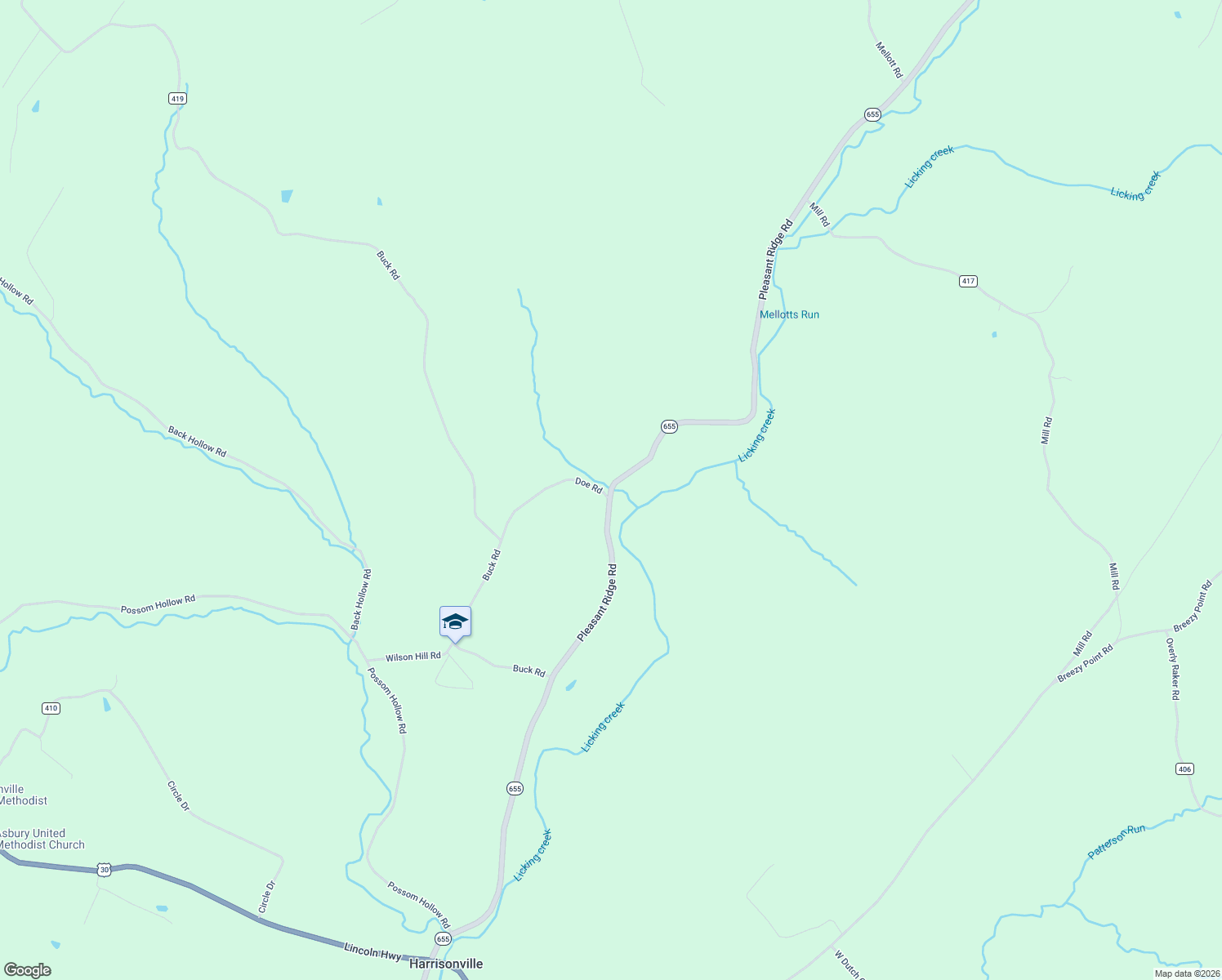 map of restaurants, bars, coffee shops, grocery stores, and more near Pennsylvania 655 in Harrisonville