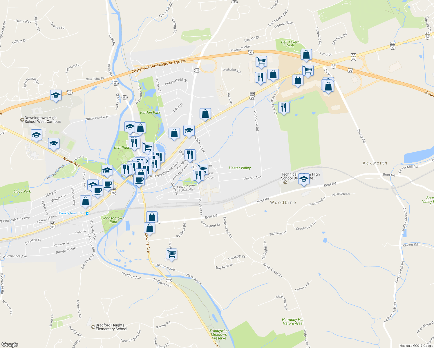 map of restaurants, bars, coffee shops, grocery stores, and more near 450 Grant Avenue in Downingtown