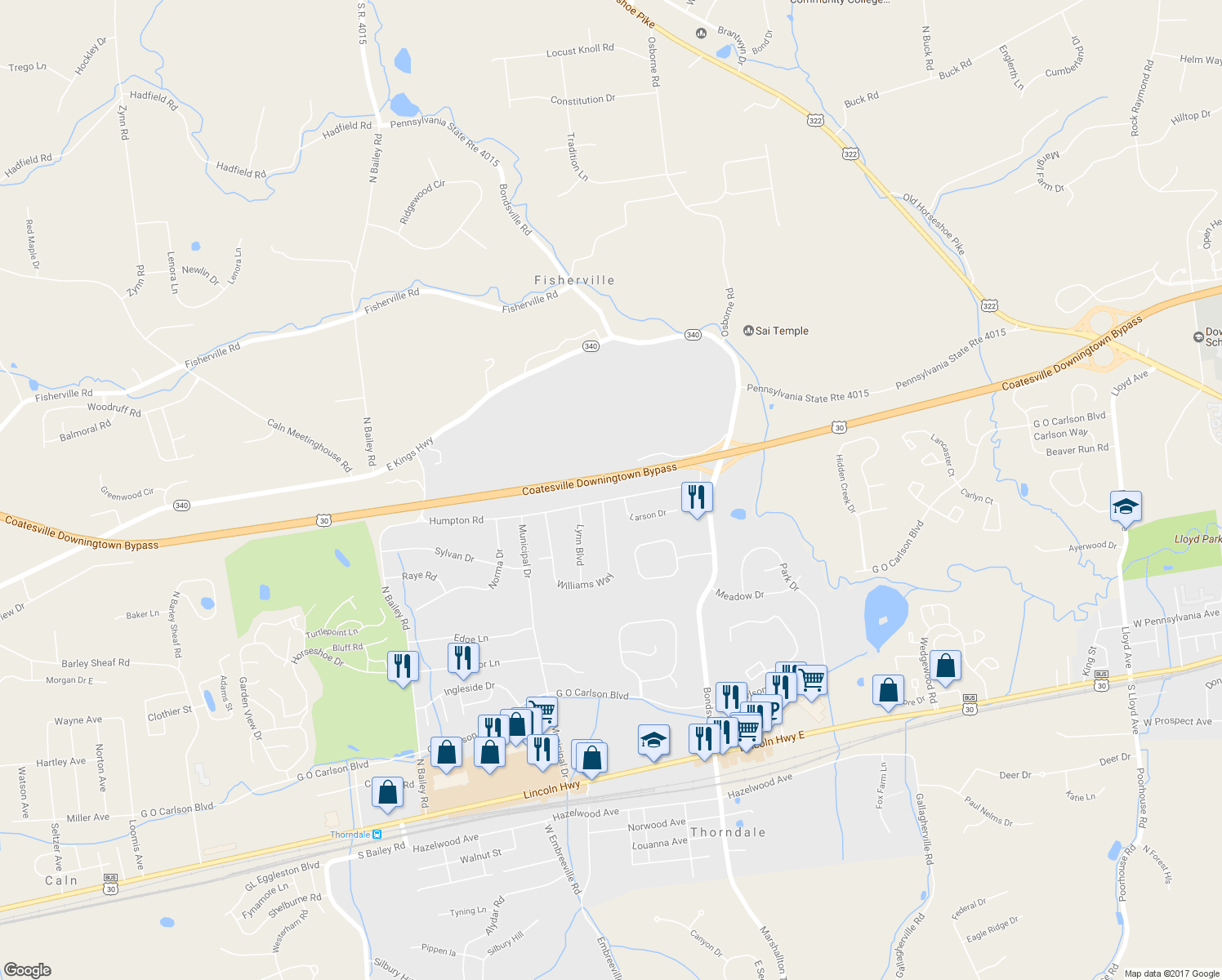 map of restaurants, bars, coffee shops, grocery stores, and more near 3647 Humpton Road in Downingtown