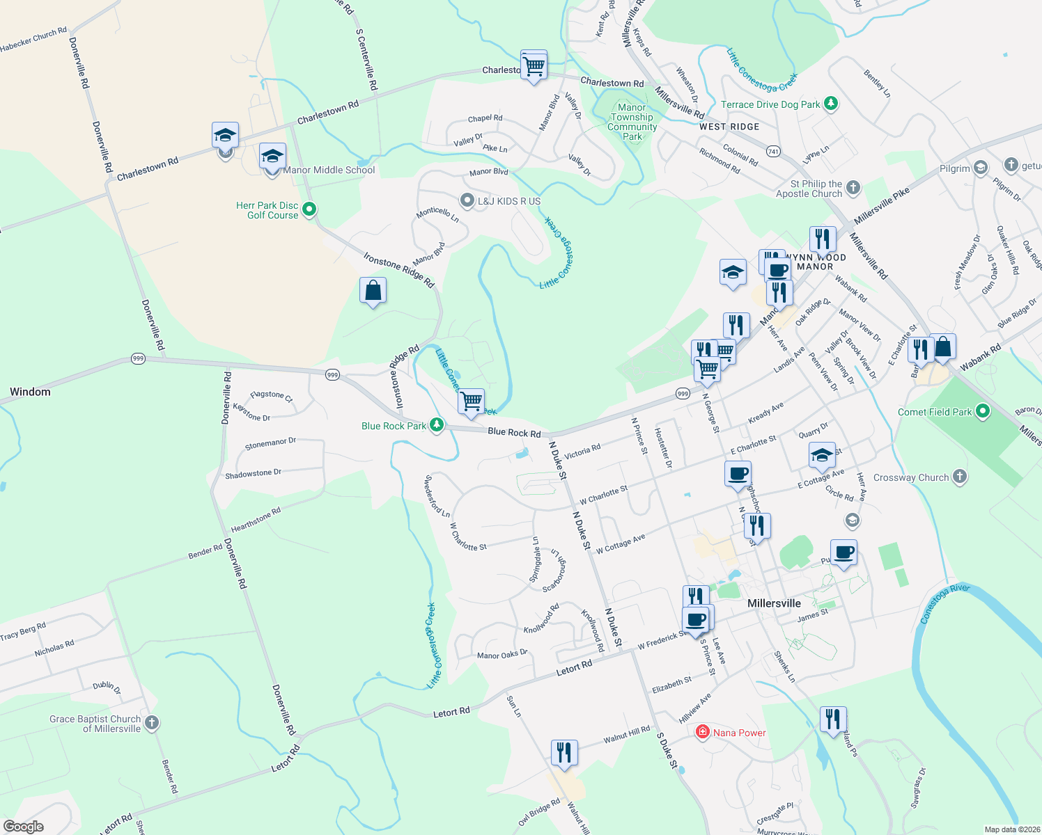 map of restaurants, bars, coffee shops, grocery stores, and more near 241 Blue Rock Road in Millersville