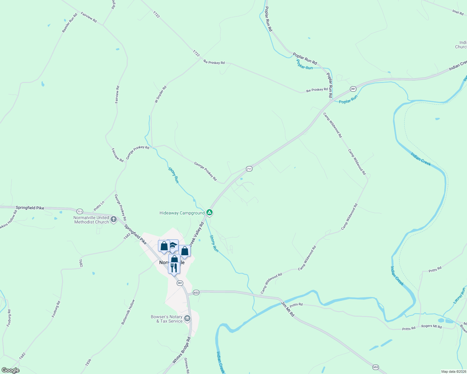 map of restaurants, bars, coffee shops, grocery stores, and more near 250 Indian Creek Valley Road in Normalville