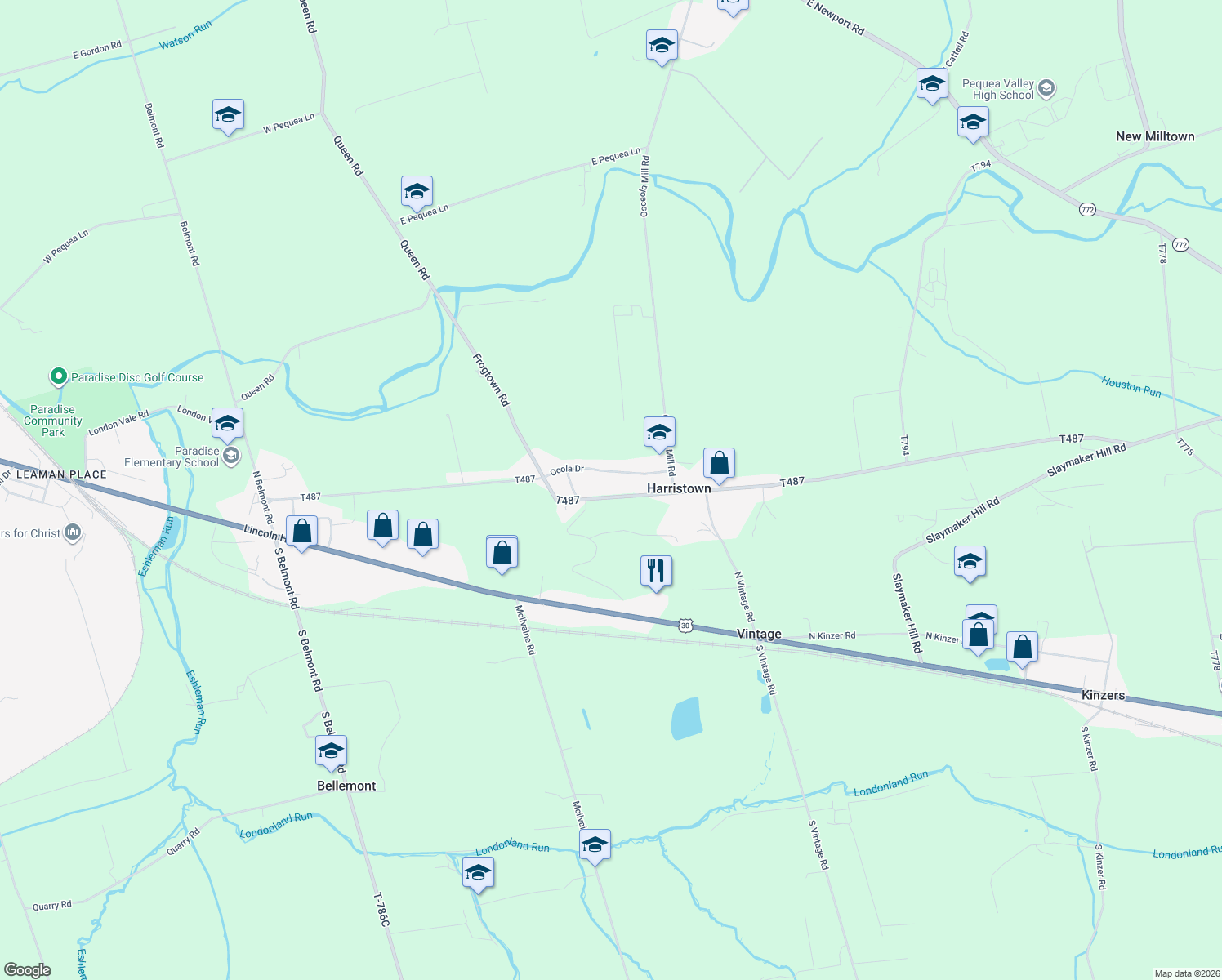 map of restaurants, bars, coffee shops, grocery stores, and more near 117 Harristown Rd in Paradise