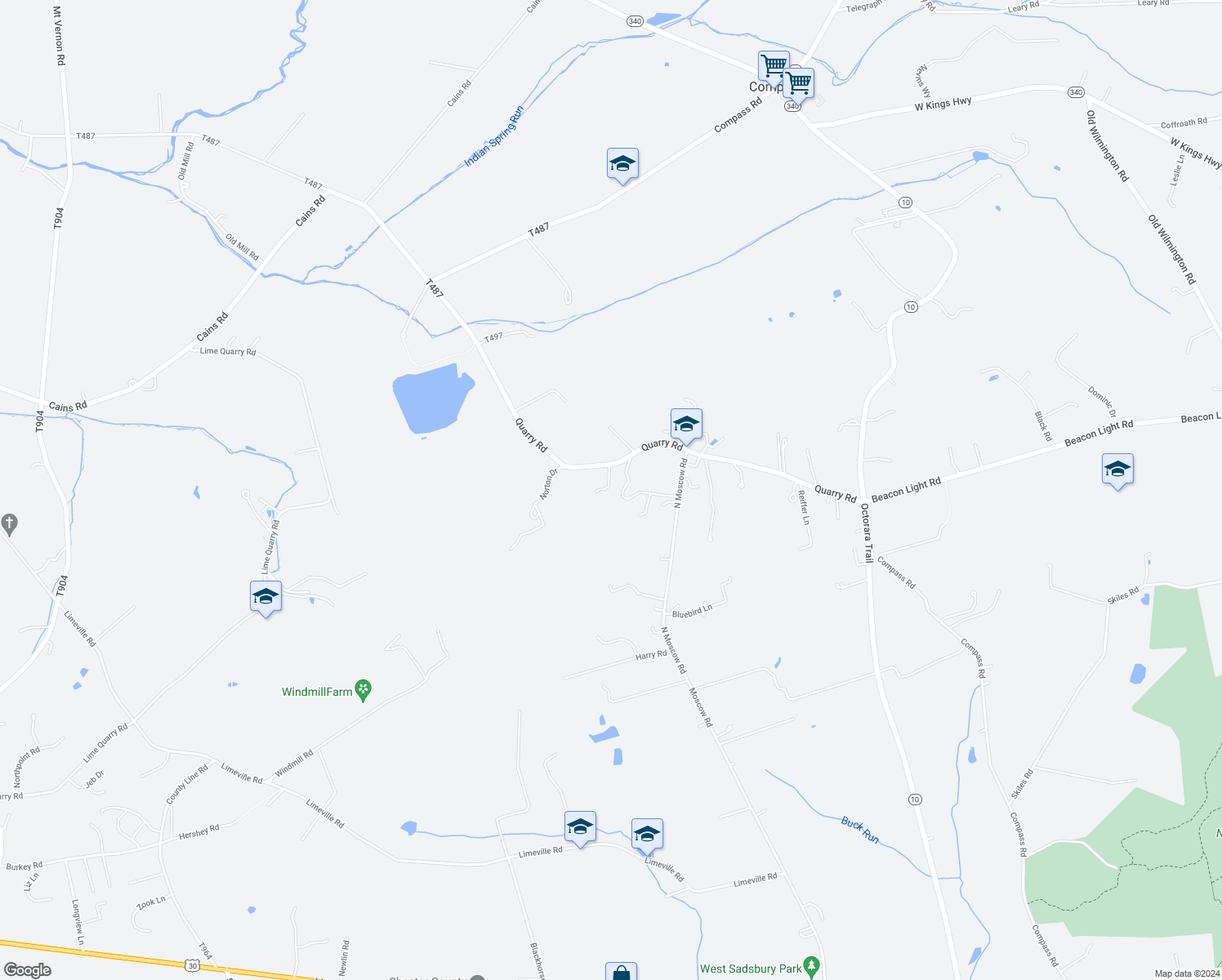 map of restaurants, bars, coffee shops, grocery stores, and more near 924 Quarry Road in Gap