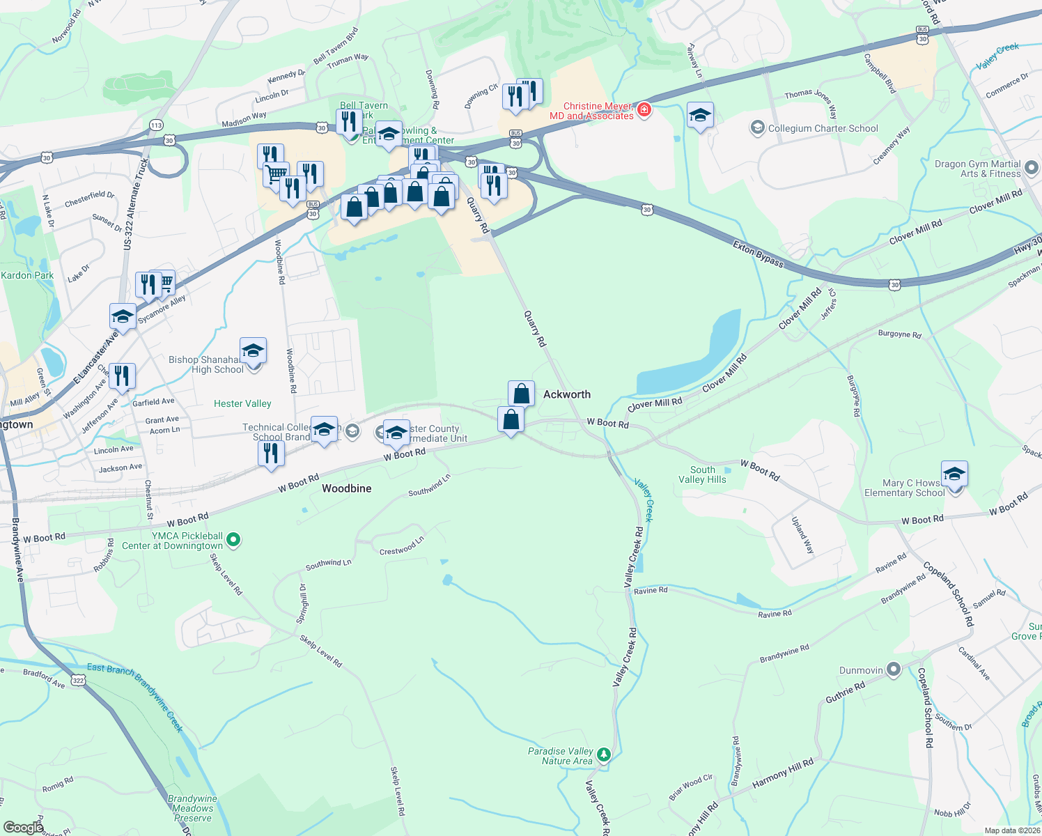 map of restaurants, bars, coffee shops, grocery stores, and more near 1055 Boot Road in Downingtown