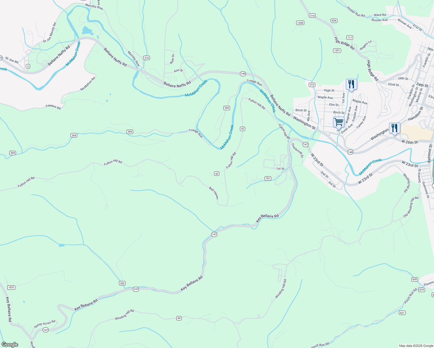 map of restaurants, bars, coffee shops, grocery stores, and more near 55868 Bell Haven in Bellaire