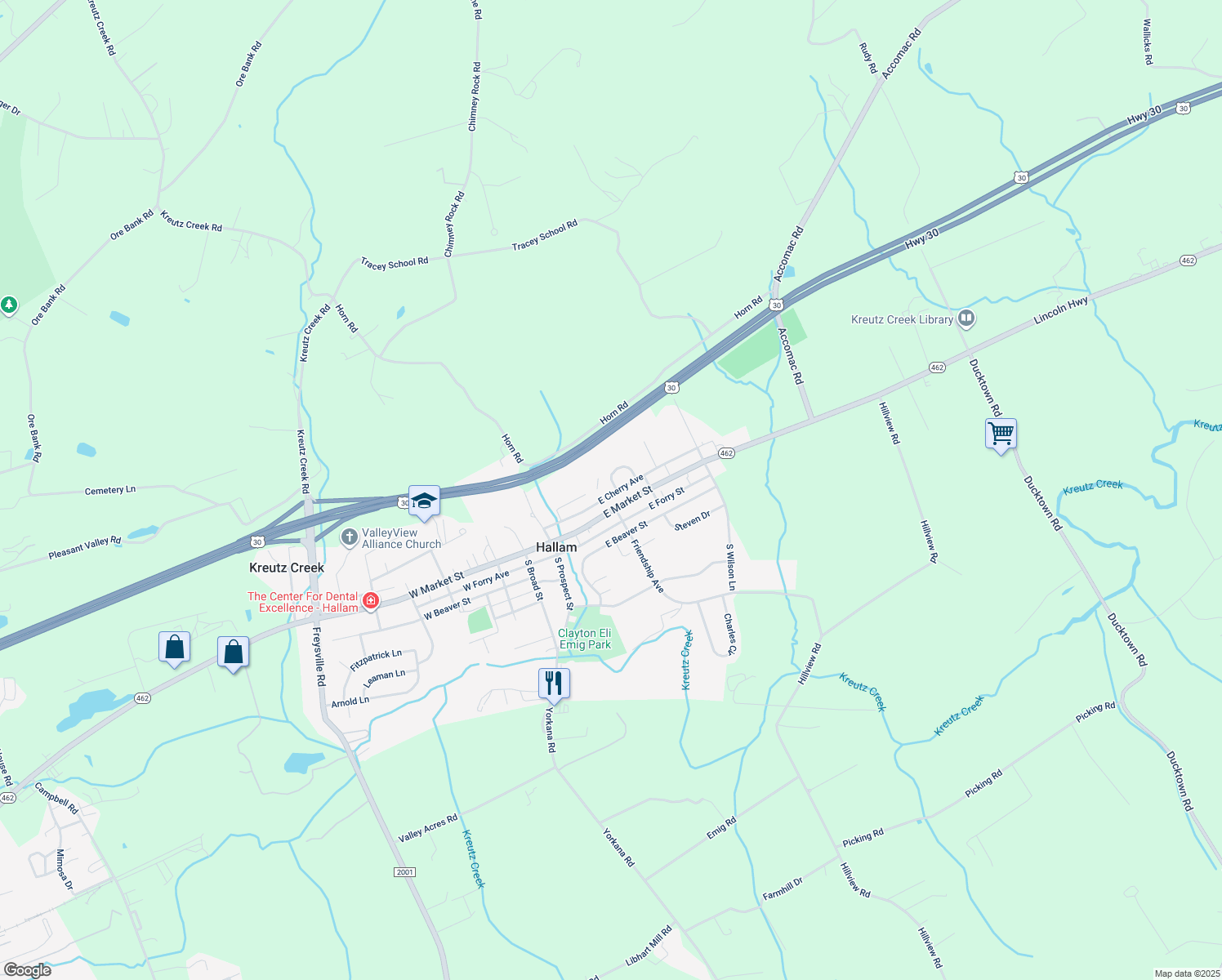 map of restaurants, bars, coffee shops, grocery stores, and more near 110 Sweet Gum Lane in York