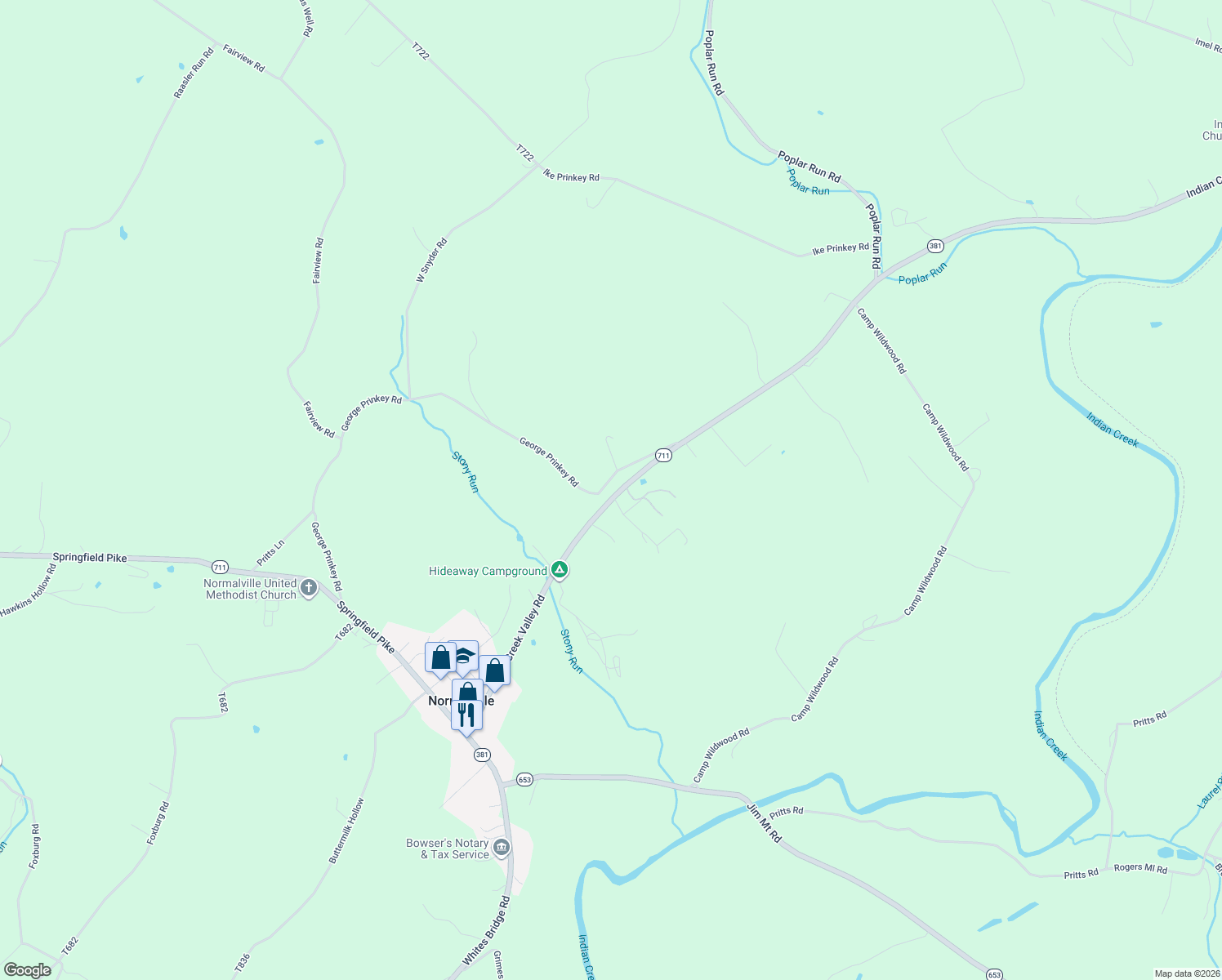 map of restaurants, bars, coffee shops, grocery stores, and more near 250 Indian Creek Valley Road in Normalville