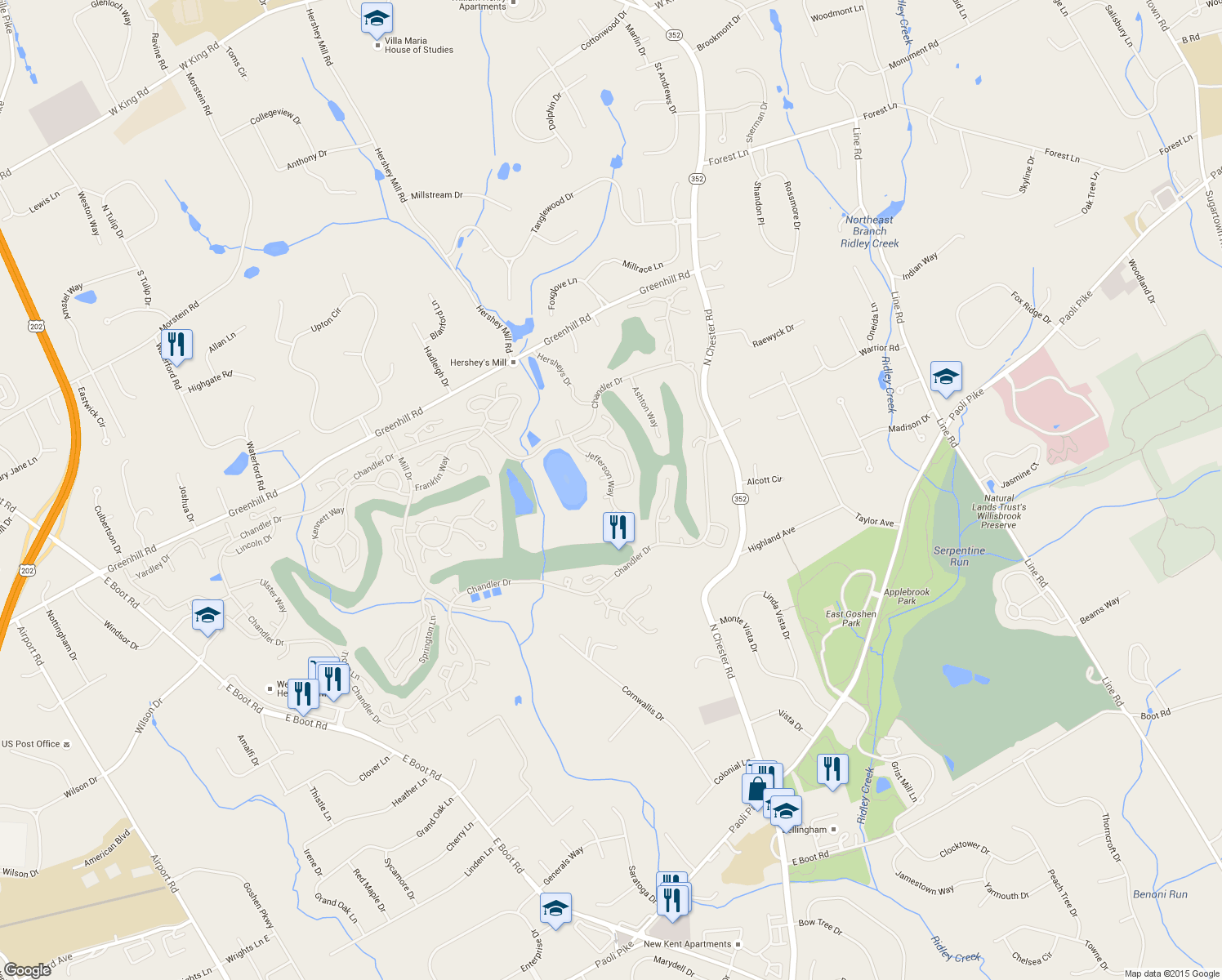 map of restaurants, bars, coffee shops, grocery stores, and more near 936 Jefferson Way in West Chester