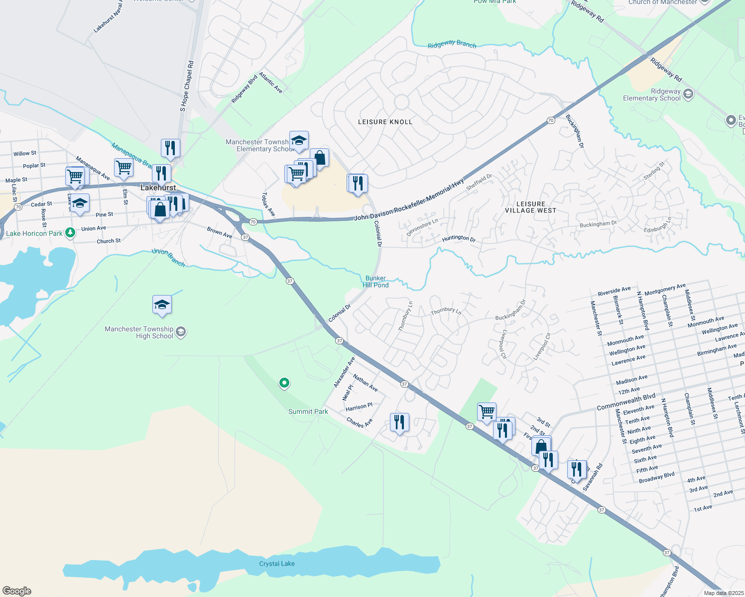 map of restaurants, bars, coffee shops, grocery stores, and more near 1201A Thornbury Lane in Manchester Township