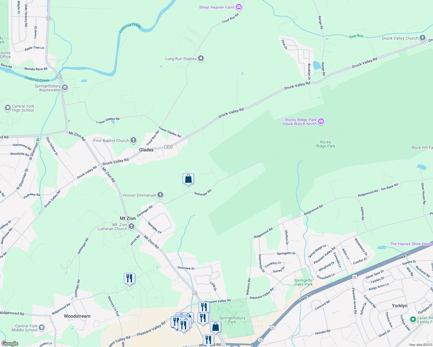 map of restaurants, bars, coffee shops, grocery stores, and more near 2209 Tall Oaks Lane in York