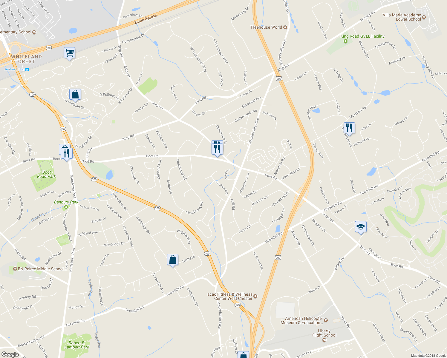 map of restaurants, bars, coffee shops, grocery stores, and more near 1231 Derry Lane in West Chester