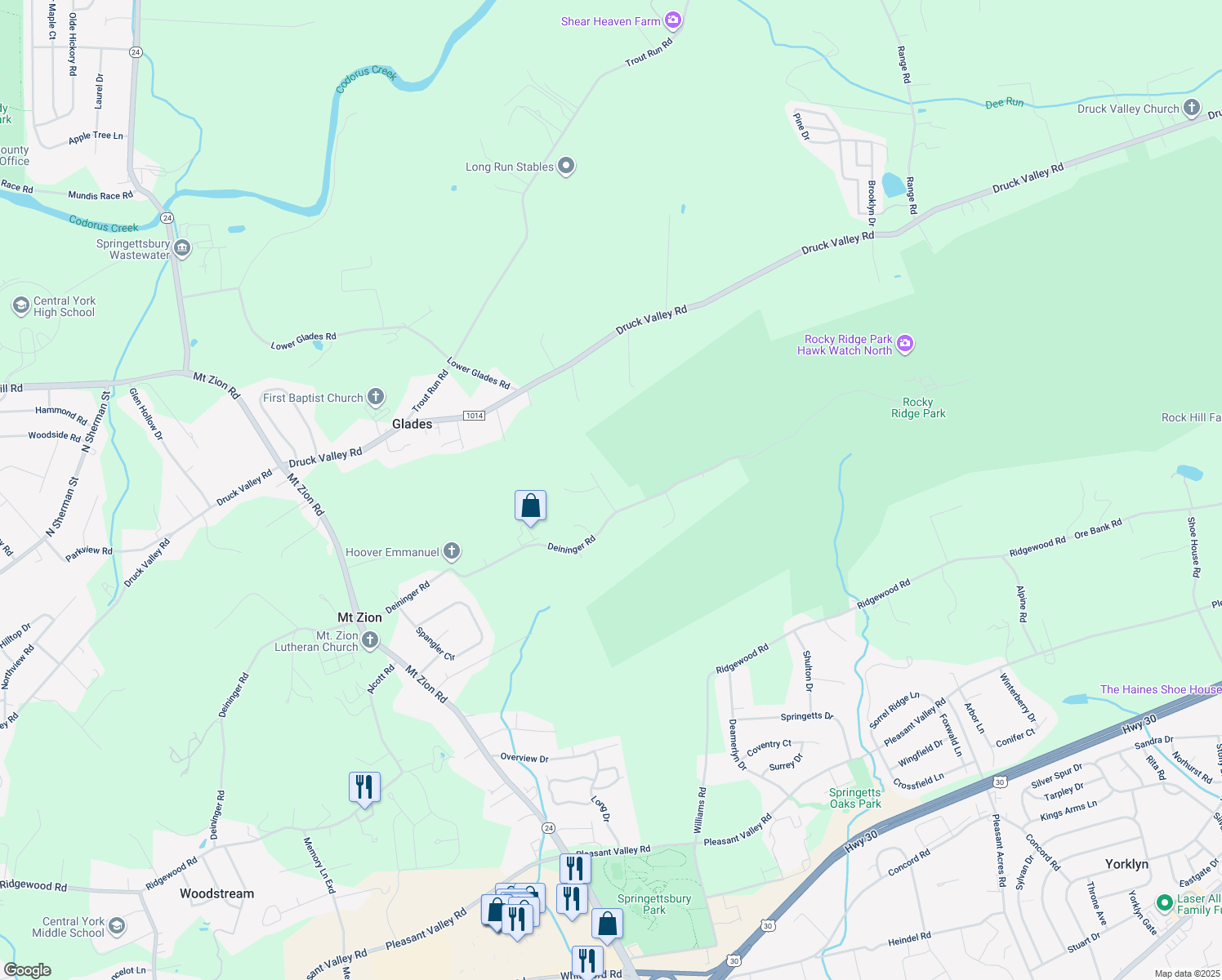 map of restaurants, bars, coffee shops, grocery stores, and more near 2209 Tall Oaks Lane in York