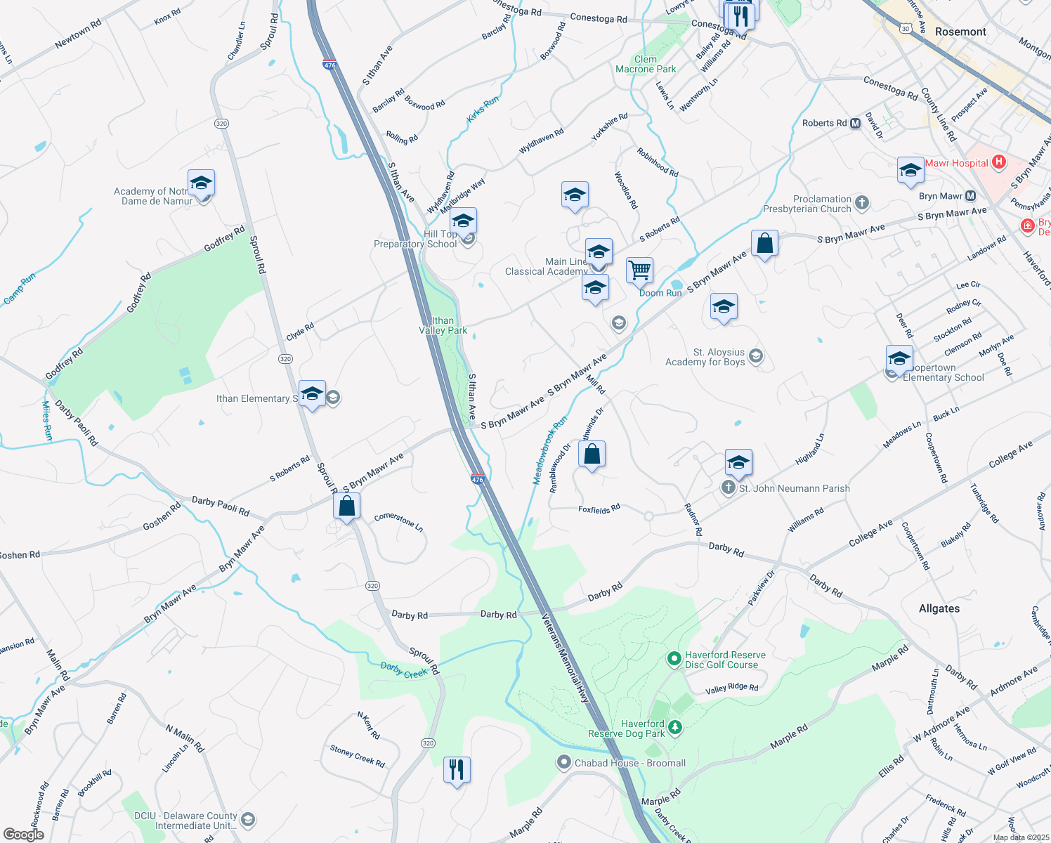 map of restaurants, bars, coffee shops, grocery stores, and more near 406 Wyntre Lea Drive in Bryn Mawr