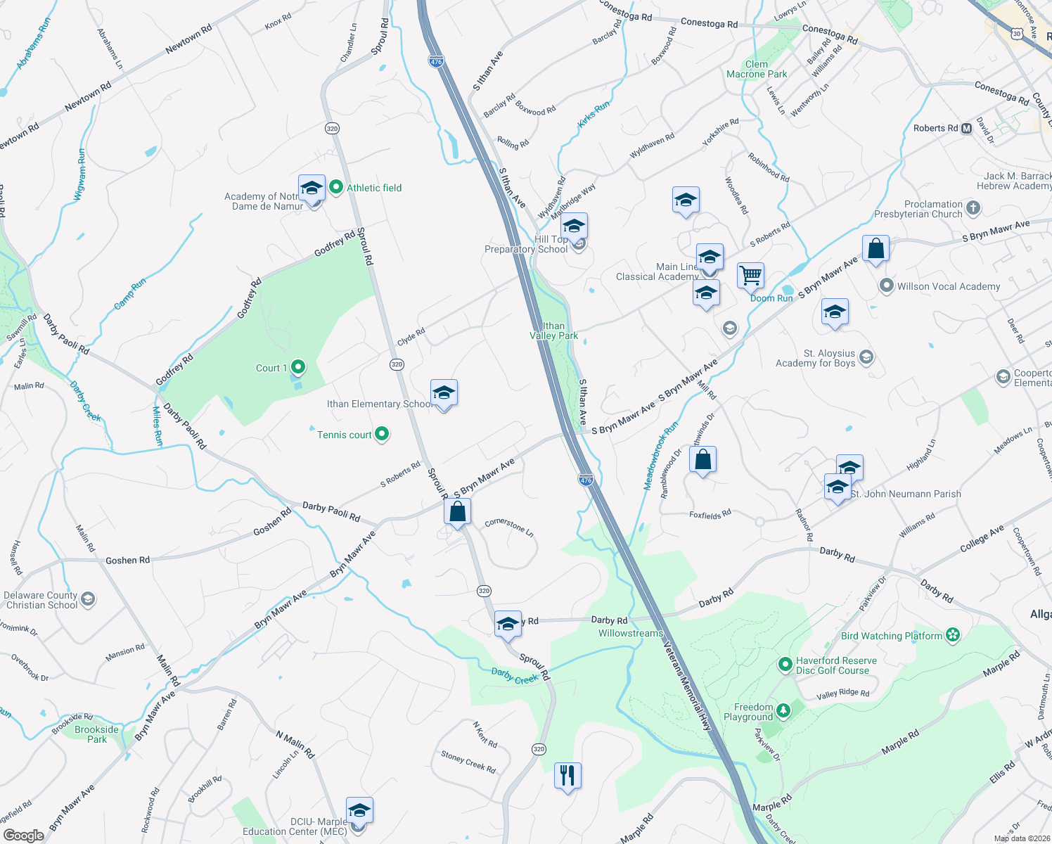 map of restaurants, bars, coffee shops, grocery stores, and more near 607 Heather Lane in Bryn Mawr