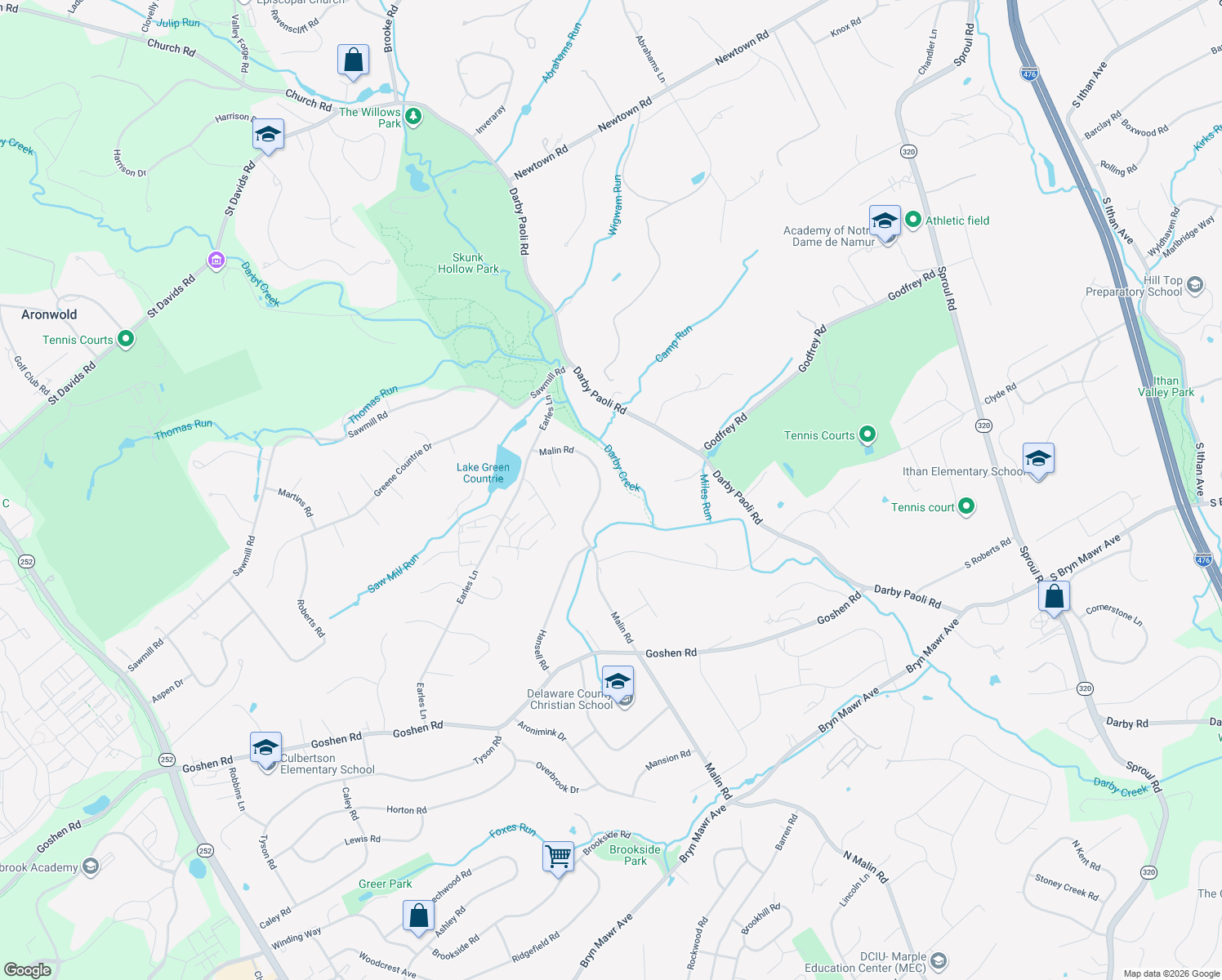 map of restaurants, bars, coffee shops, grocery stores, and more near 674 Malin Road in Newtown Square