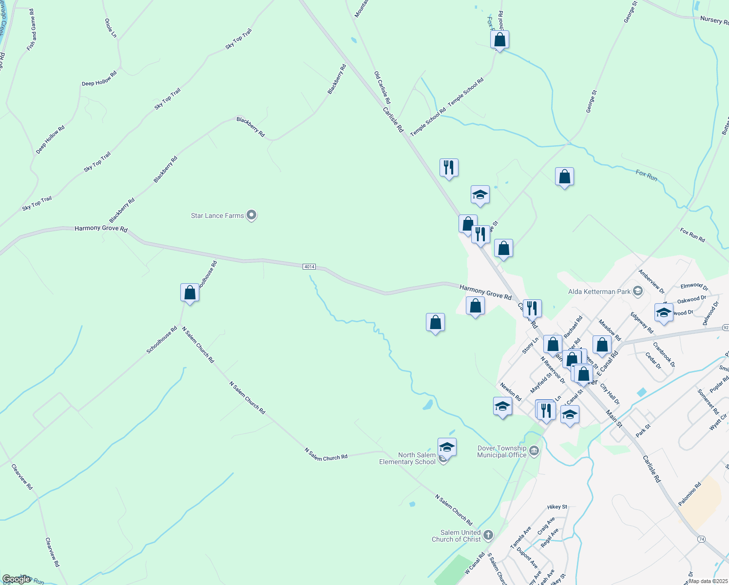 map of restaurants, bars, coffee shops, grocery stores, and more near 5130 Harmony Grove Road in Dover