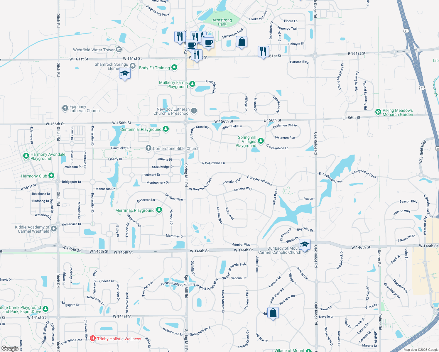 map of restaurants, bars, coffee shops, grocery stores, and more near 121 West Greyhound Pass in Carmel