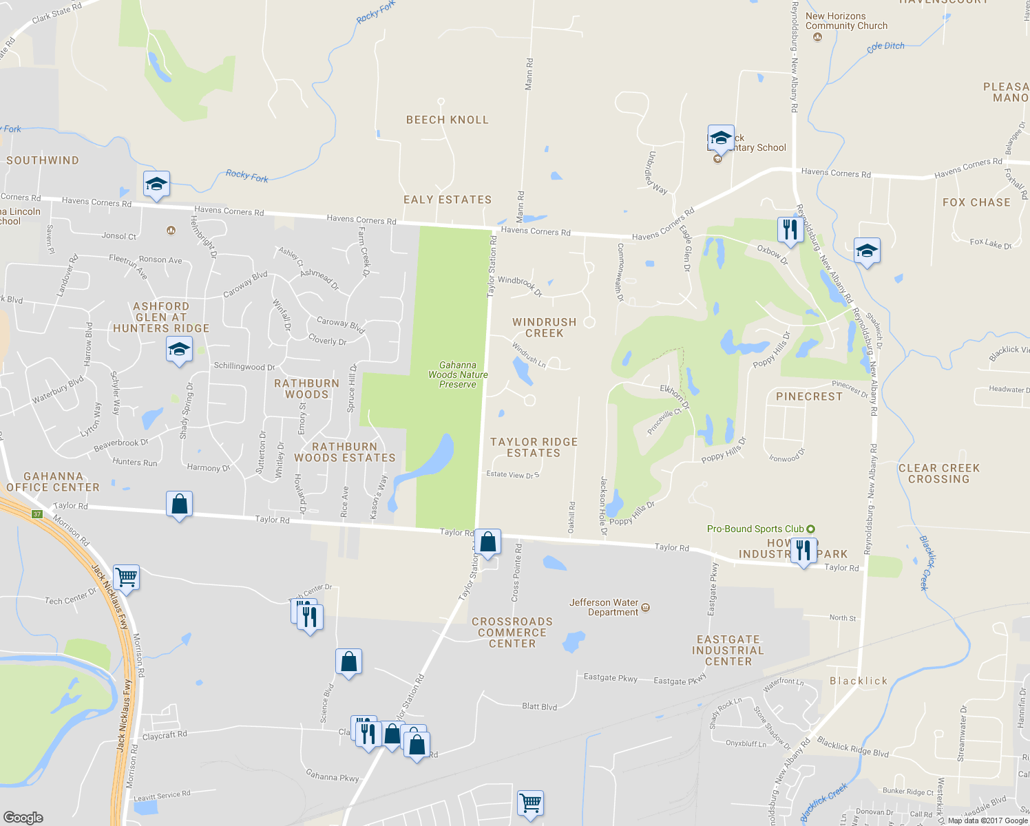 map of restaurants, bars, coffee shops, grocery stores, and more near 6245 Brooksong Circle in Blacklick