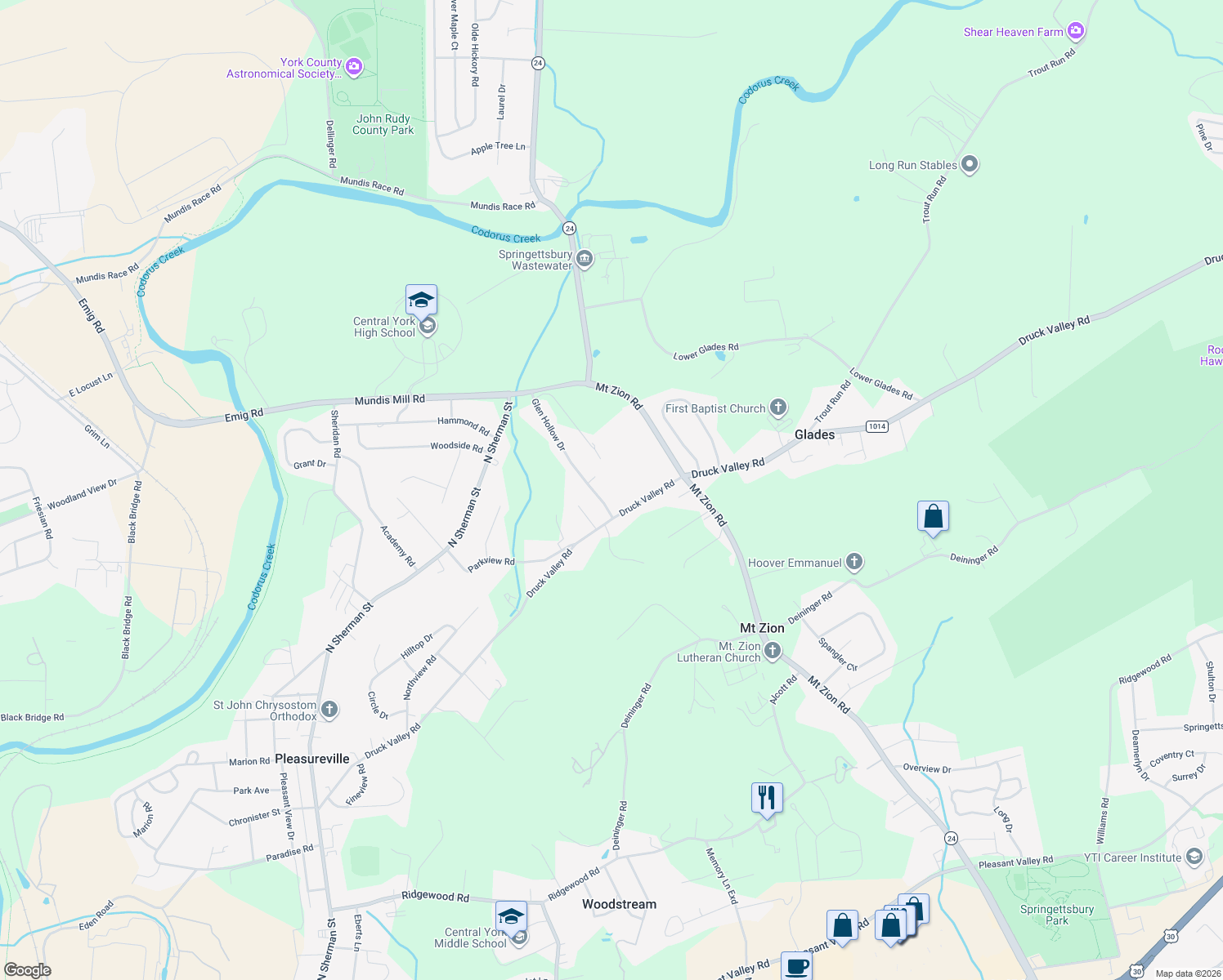 map of restaurants, bars, coffee shops, grocery stores, and more near 2805 Glen Hollow Drive in York