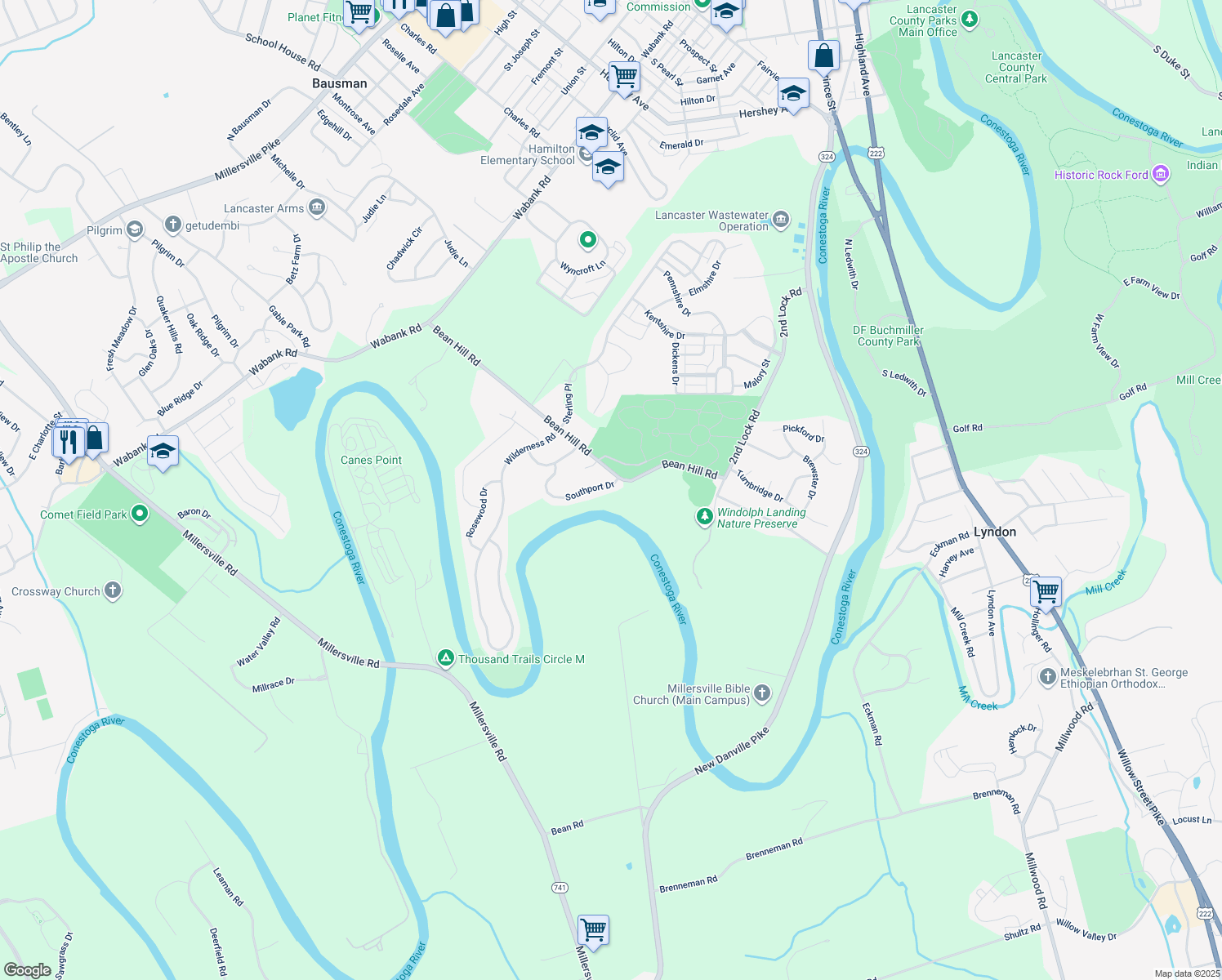 map of restaurants, bars, coffee shops, grocery stores, and more near 1712 Southport Drive in Lancaster