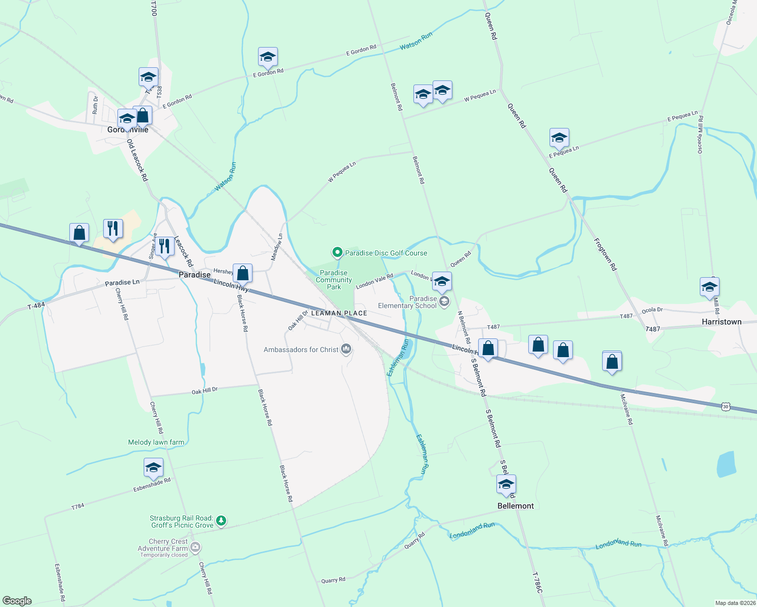 map of restaurants, bars, coffee shops, grocery stores, and more near 16 Rock Ridge Road in Gordonville