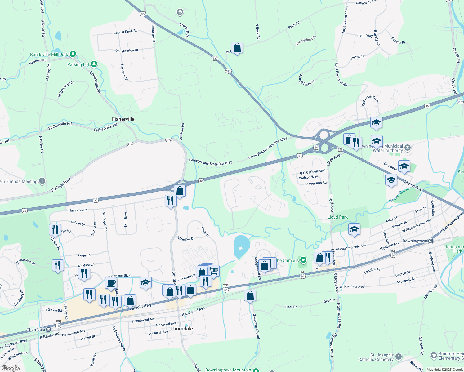 map of restaurants, bars, coffee shops, grocery stores, and more near 293 Hidden Creek Drive in Downingtown