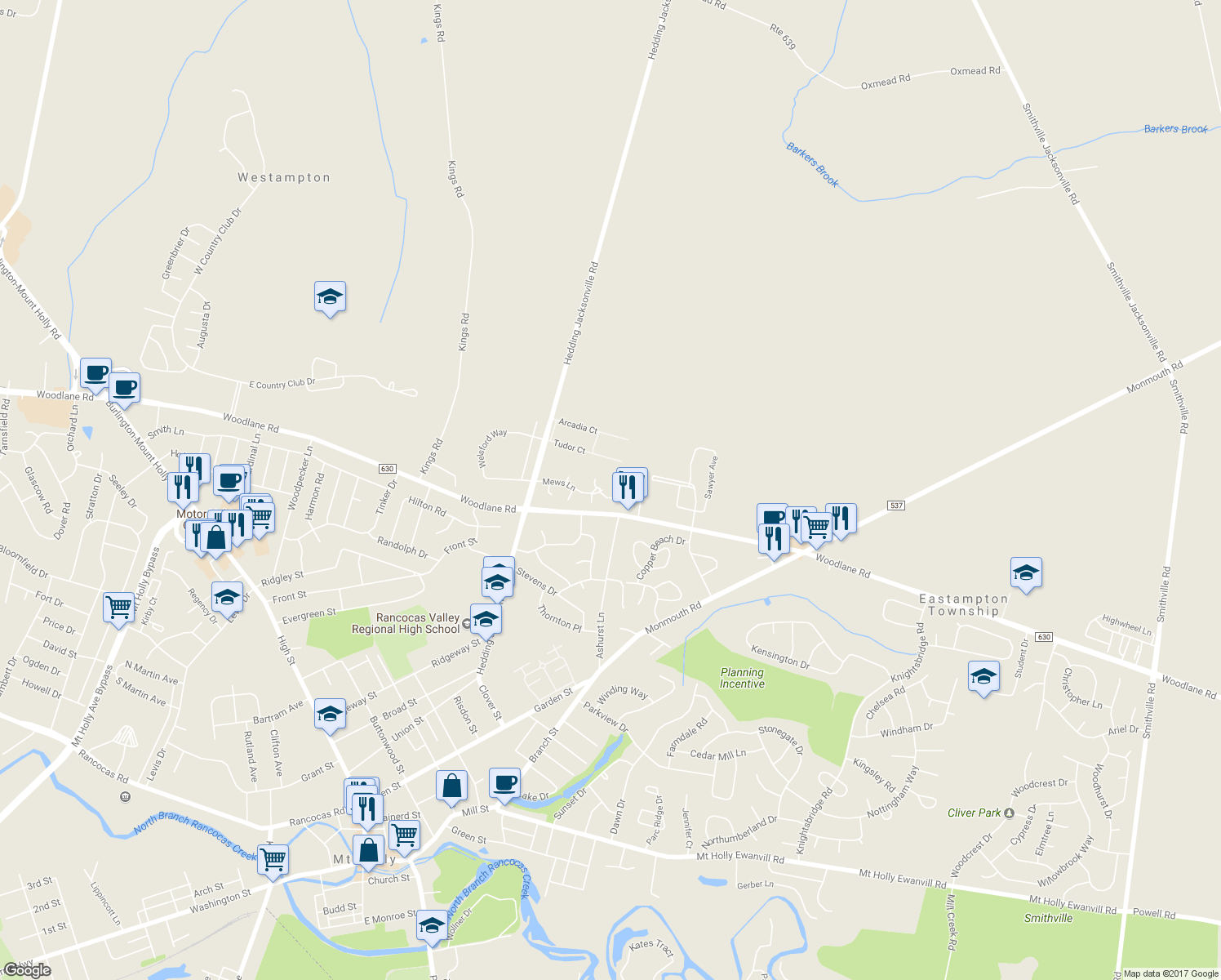 map of restaurants, bars, coffee shops, grocery stores, and more near 6 Gloria Court in Mount Holly