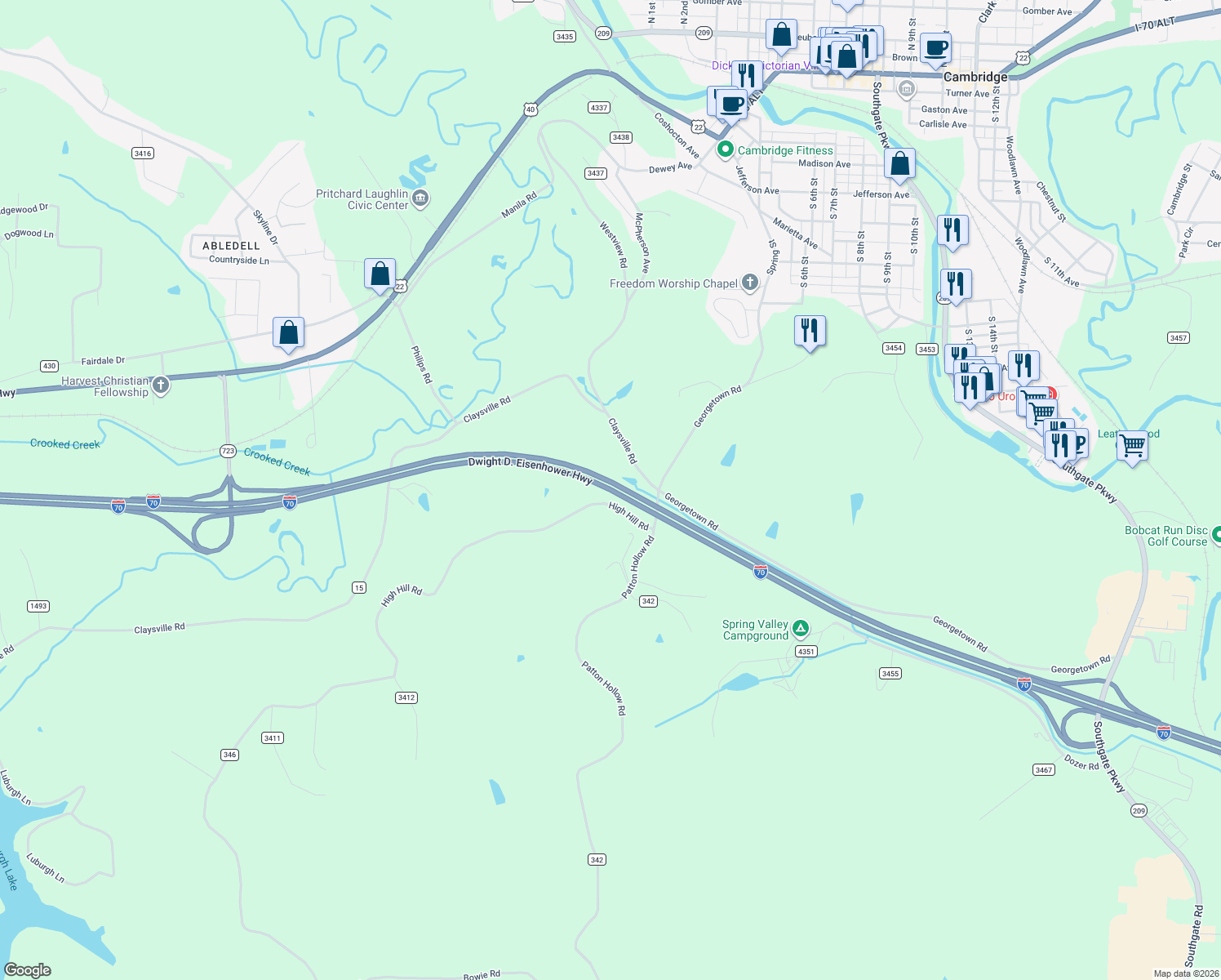 map of restaurants, bars, coffee shops, grocery stores, and more near Interstate 70 in Cambridge