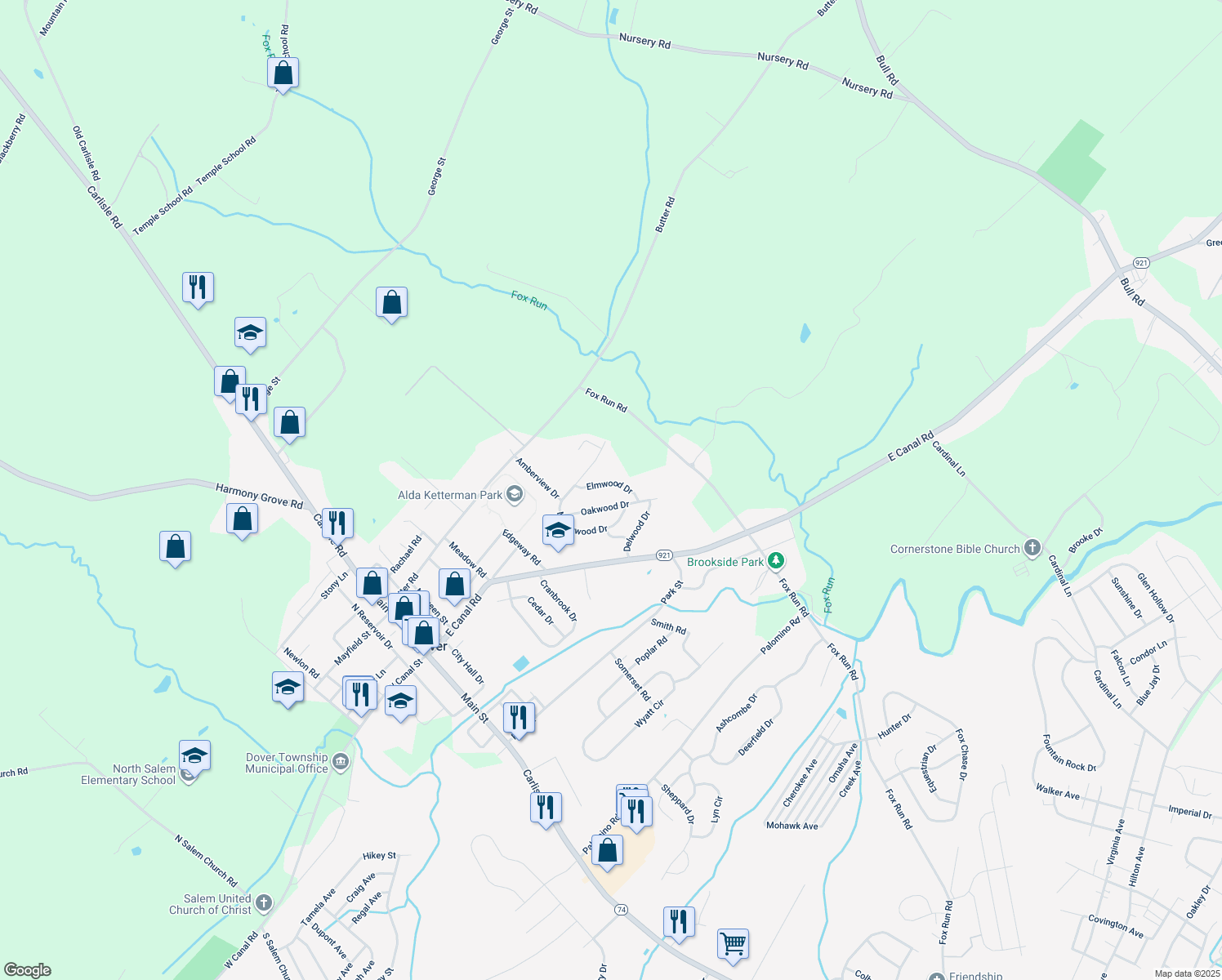 map of restaurants, bars, coffee shops, grocery stores, and more near 314 Elmwood Dr in Dover
