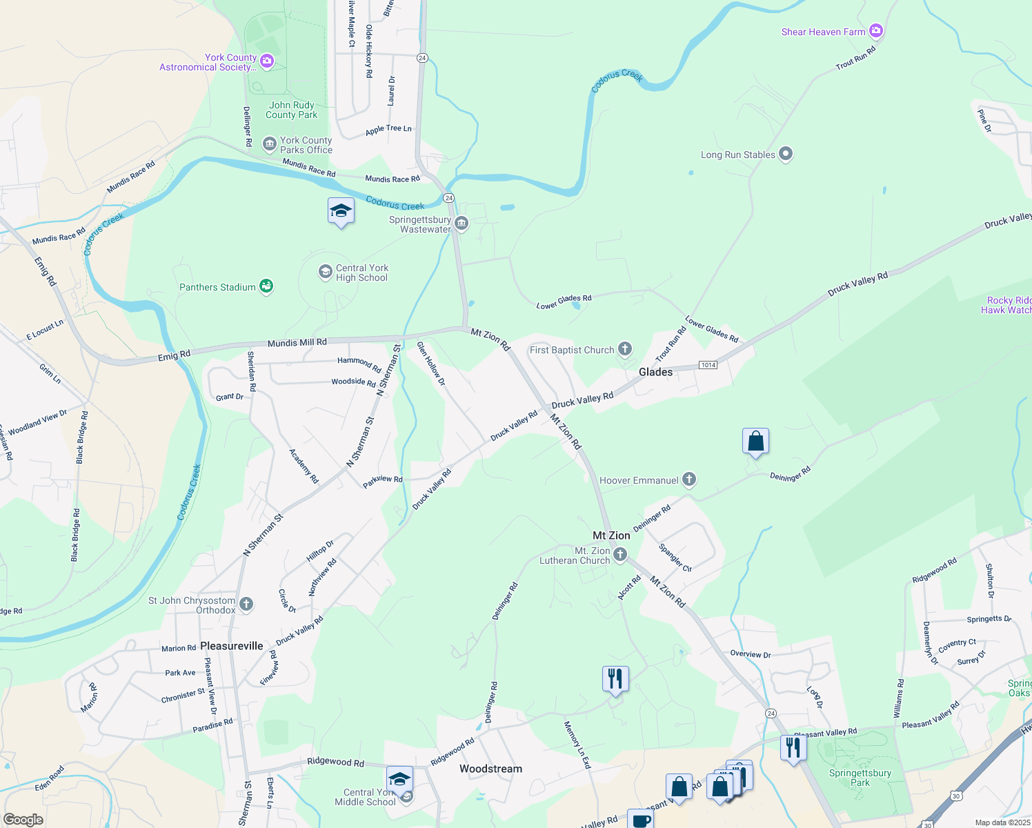 map of restaurants, bars, coffee shops, grocery stores, and more near 3103 Druck Valley Road in York