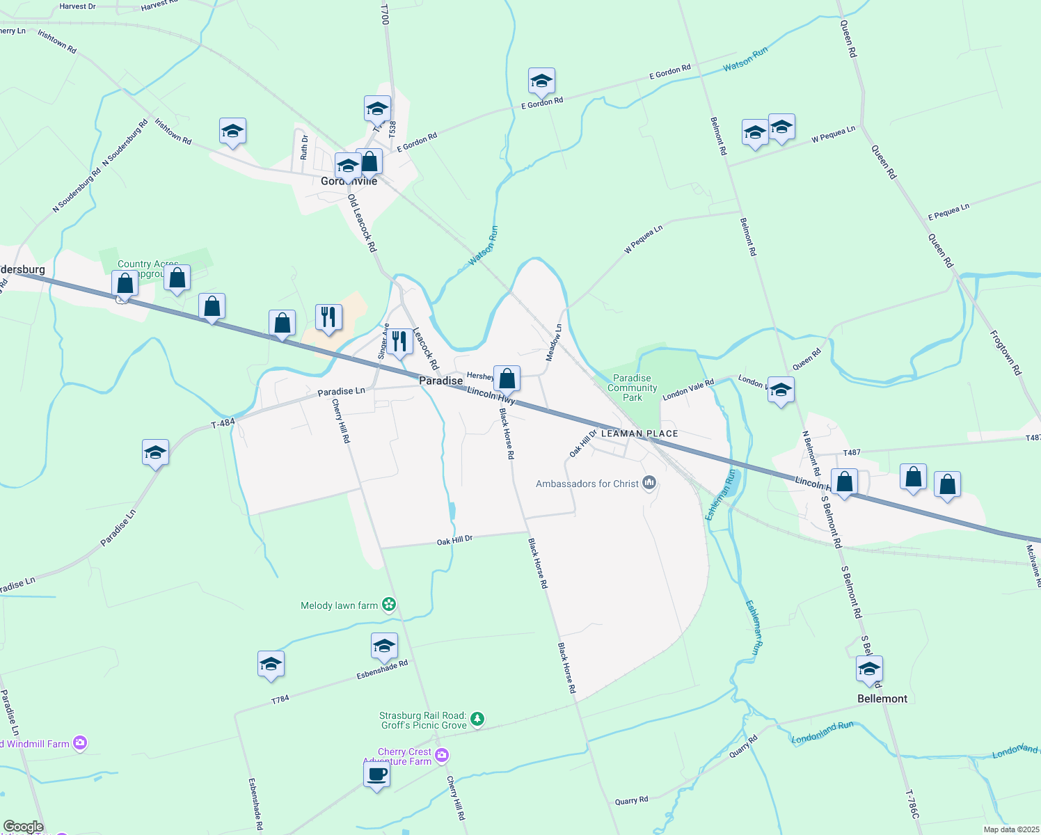 map of restaurants, bars, coffee shops, grocery stores, and more near 5 Black Horse Rd in Paradise